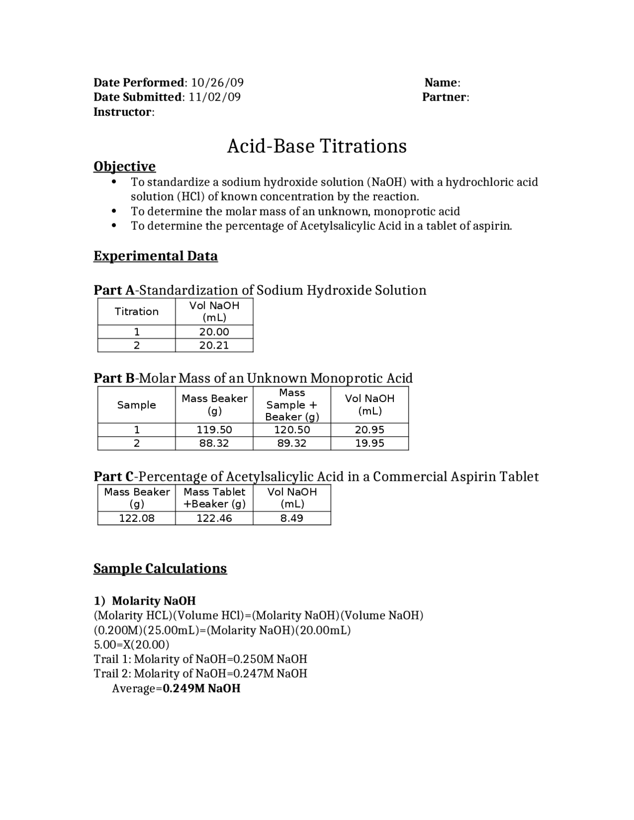Acid Base Titration Report Sheet – LVLE
