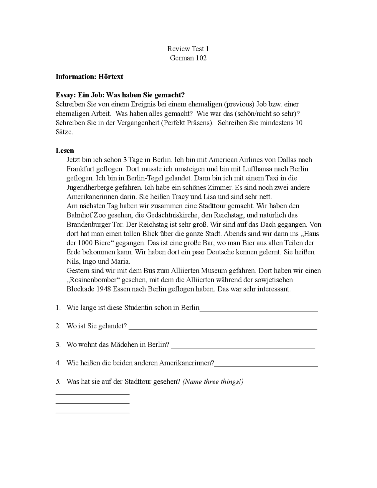 Review Sheet for Test 1 - Second Semester | Ger 102 - Docsity