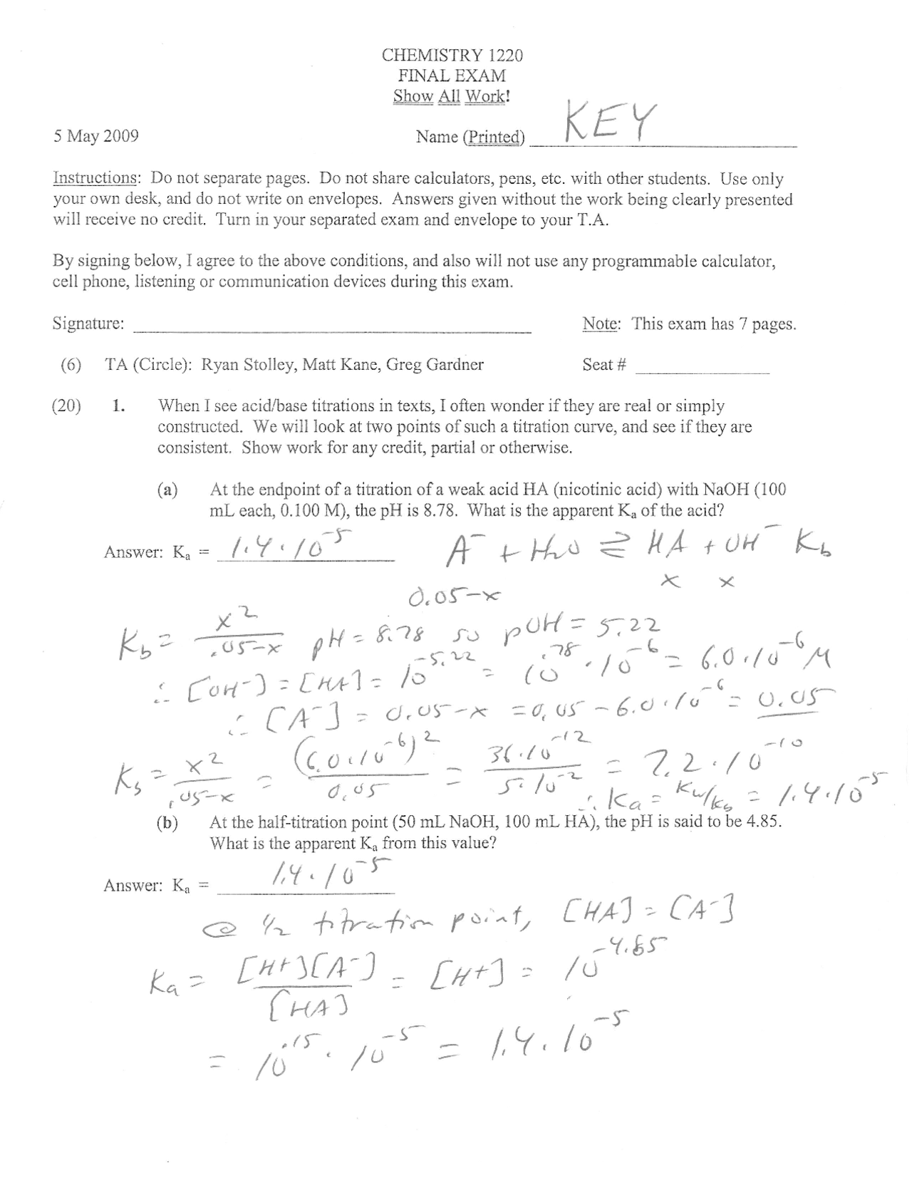 Final Exam Answers Key - General Chemistry II | CHEM 1220 | Exams