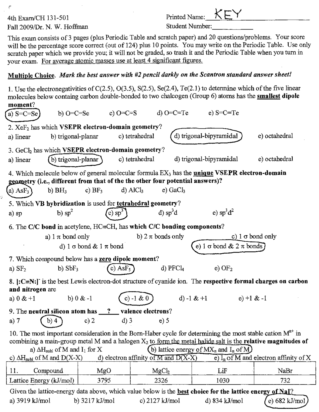 General Chemistry I - Solutions for Exam 4 | CH 131 - Docsity