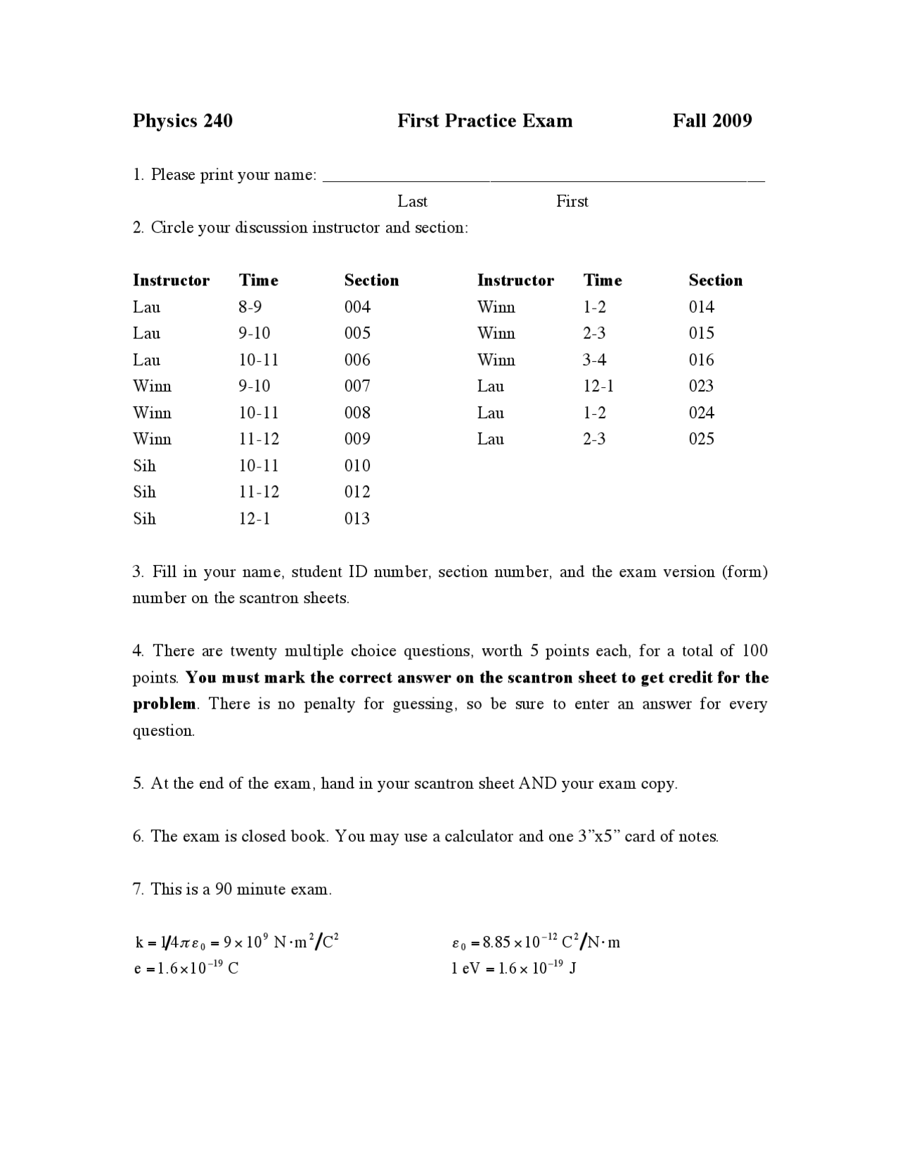 Practice Exam 1 | General Physics II | PHYSICS 240 - Docsity