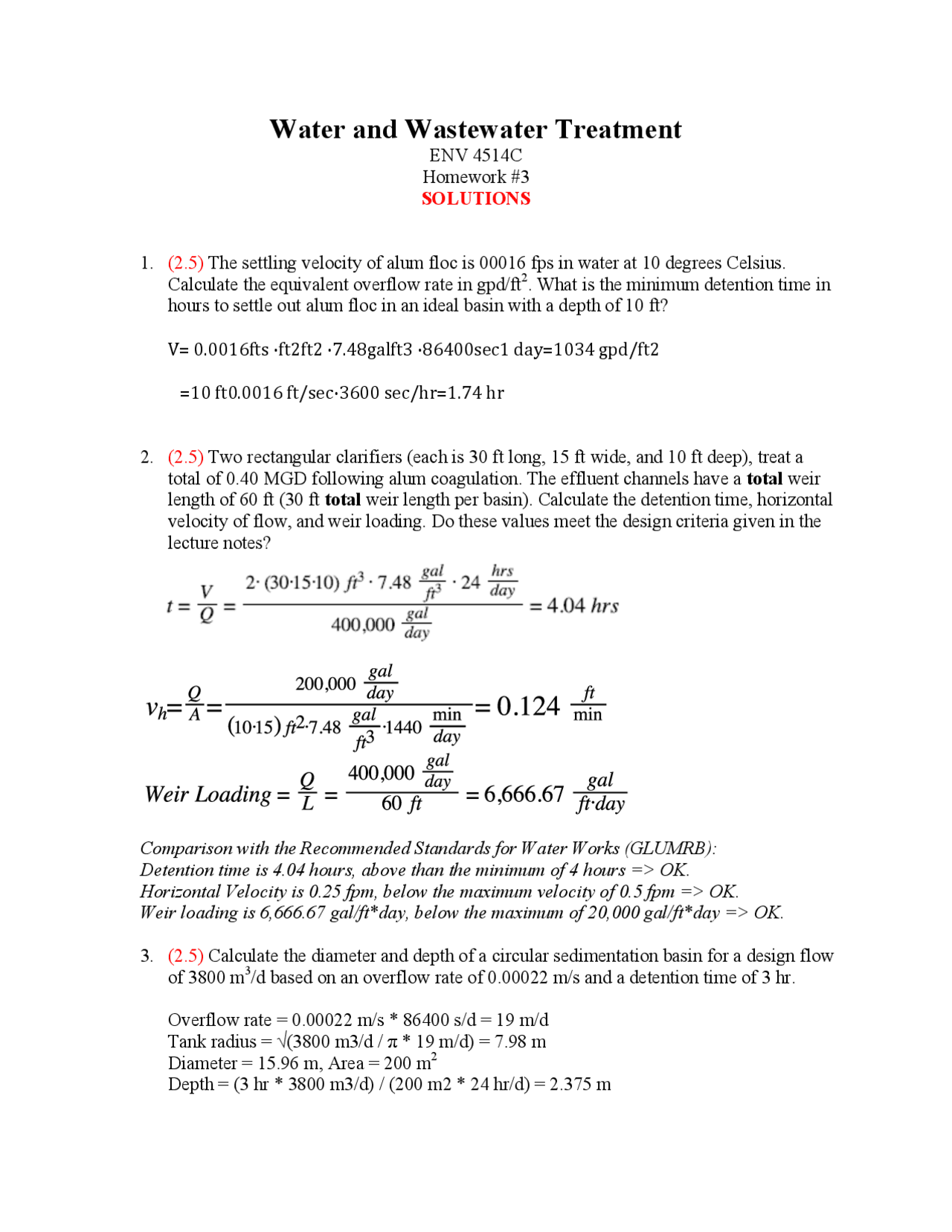 4 Solved Questions on Water and Wastewater Treatment - Homework 3 | ENV ...