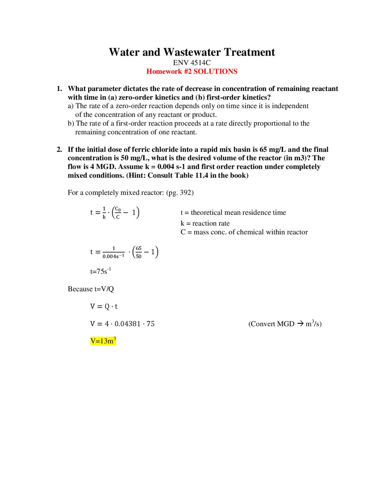 Water and Wastewater Treatment Homework 2 Solutions ENV 4514C Docsity