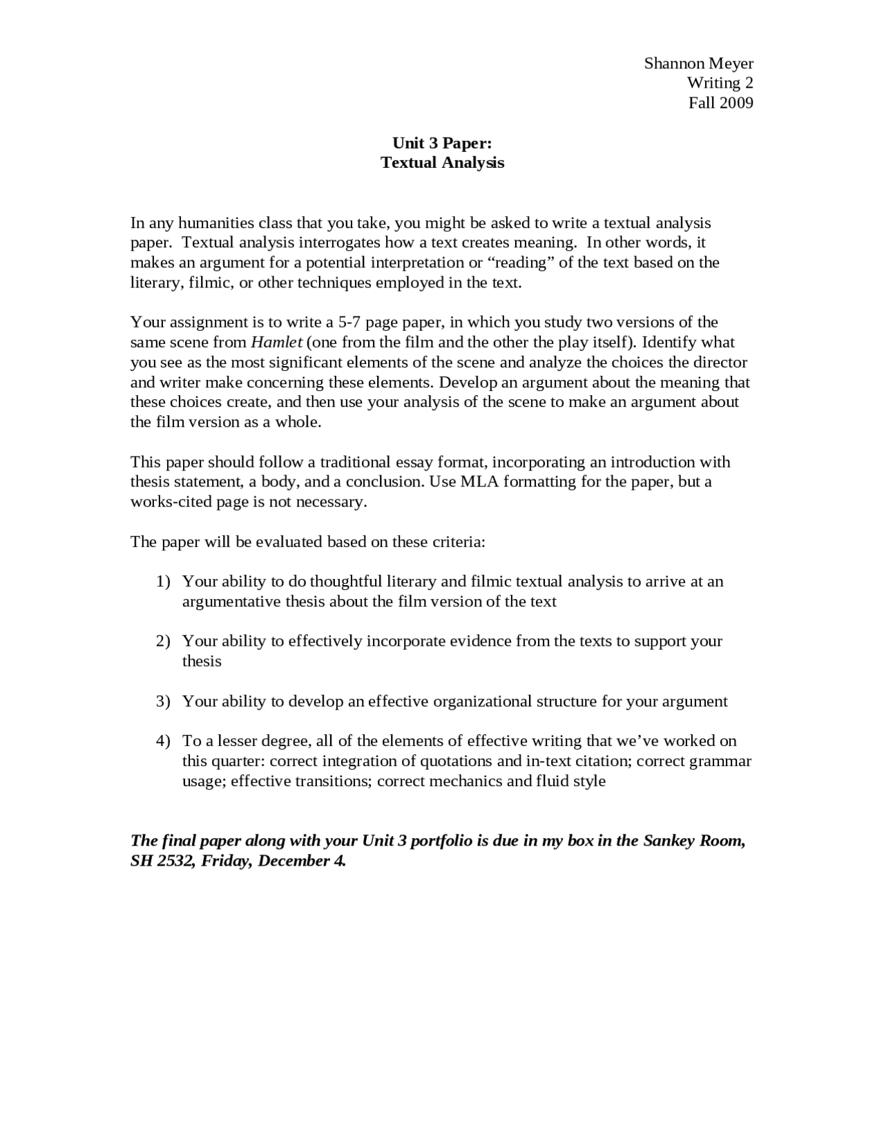 Textual Analysis - Academic Writing - Paper | WRIT 2 - Docsity