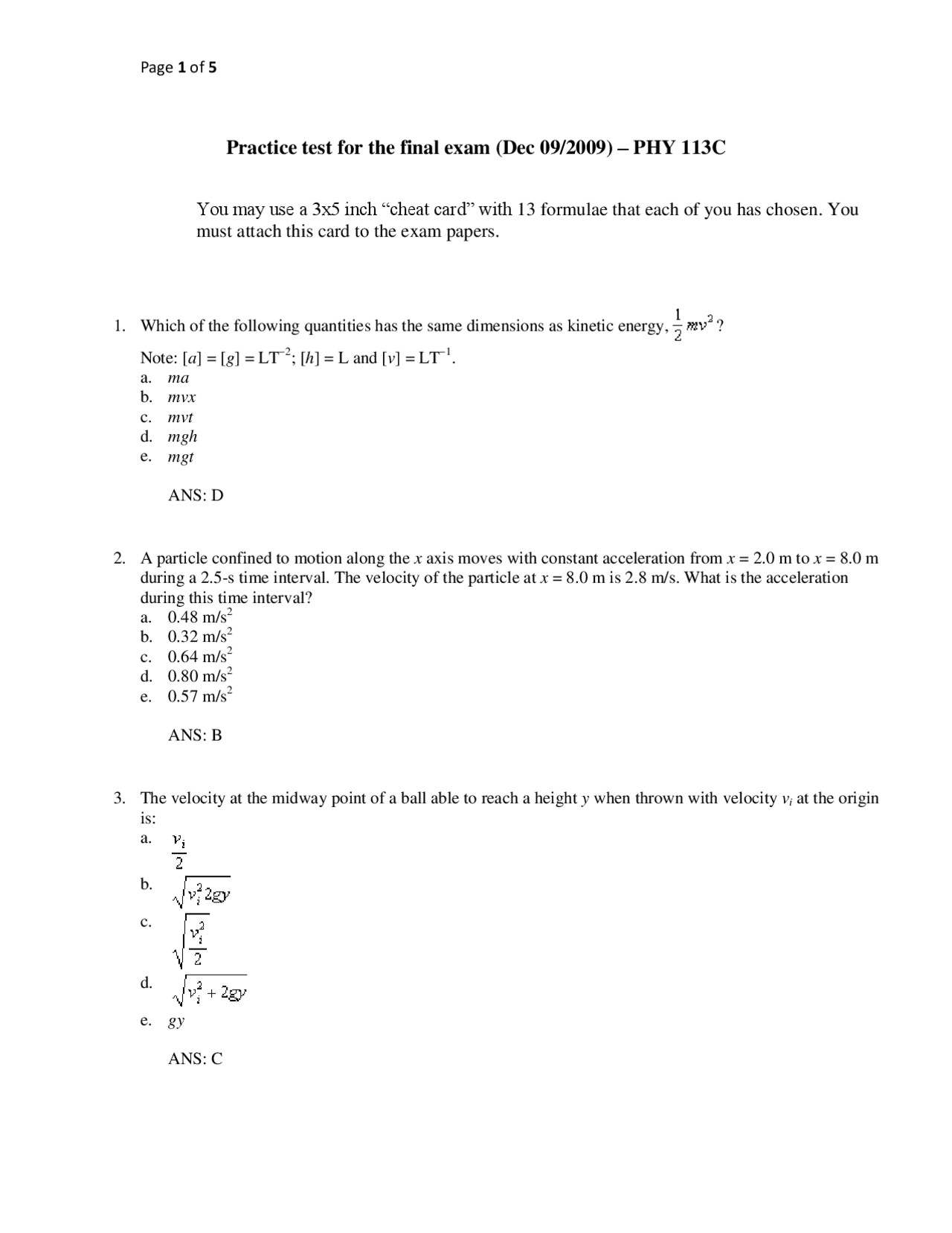 Practice Final Exam for General Physics I | PHY 113 - Docsity