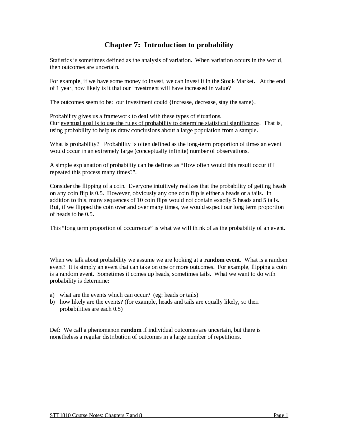 Introduction to Probability - Lecture Notes | STT 1810 - Docsity