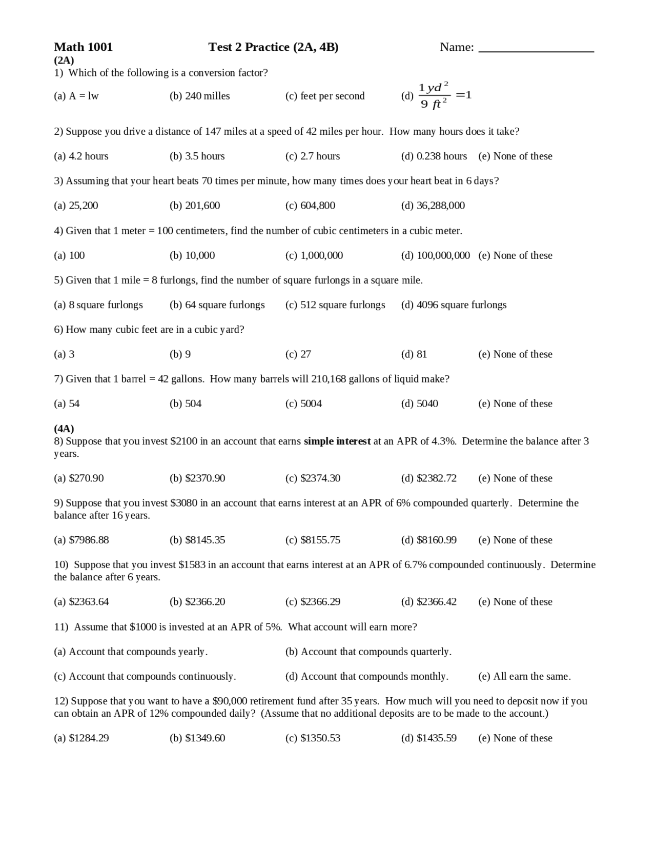 Practice Test 2 - Quantitative Skills and Reason | MATH 1001 - Docsity