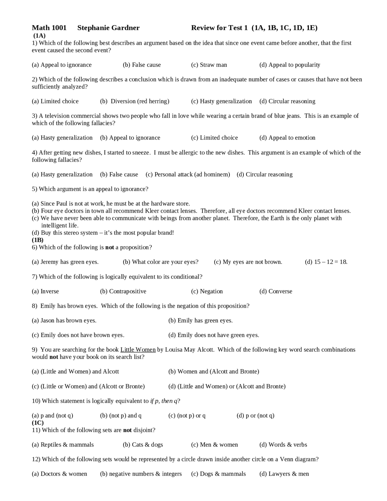 Review for Test 1 - Quantitative Skills and Reason | MATH 1001 - Docsity