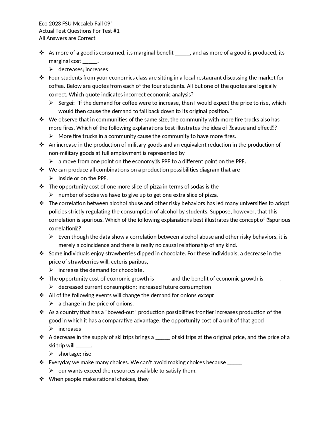 Test 1 Questions for Honors Principles of Microeconomics | ECO 2023 ...