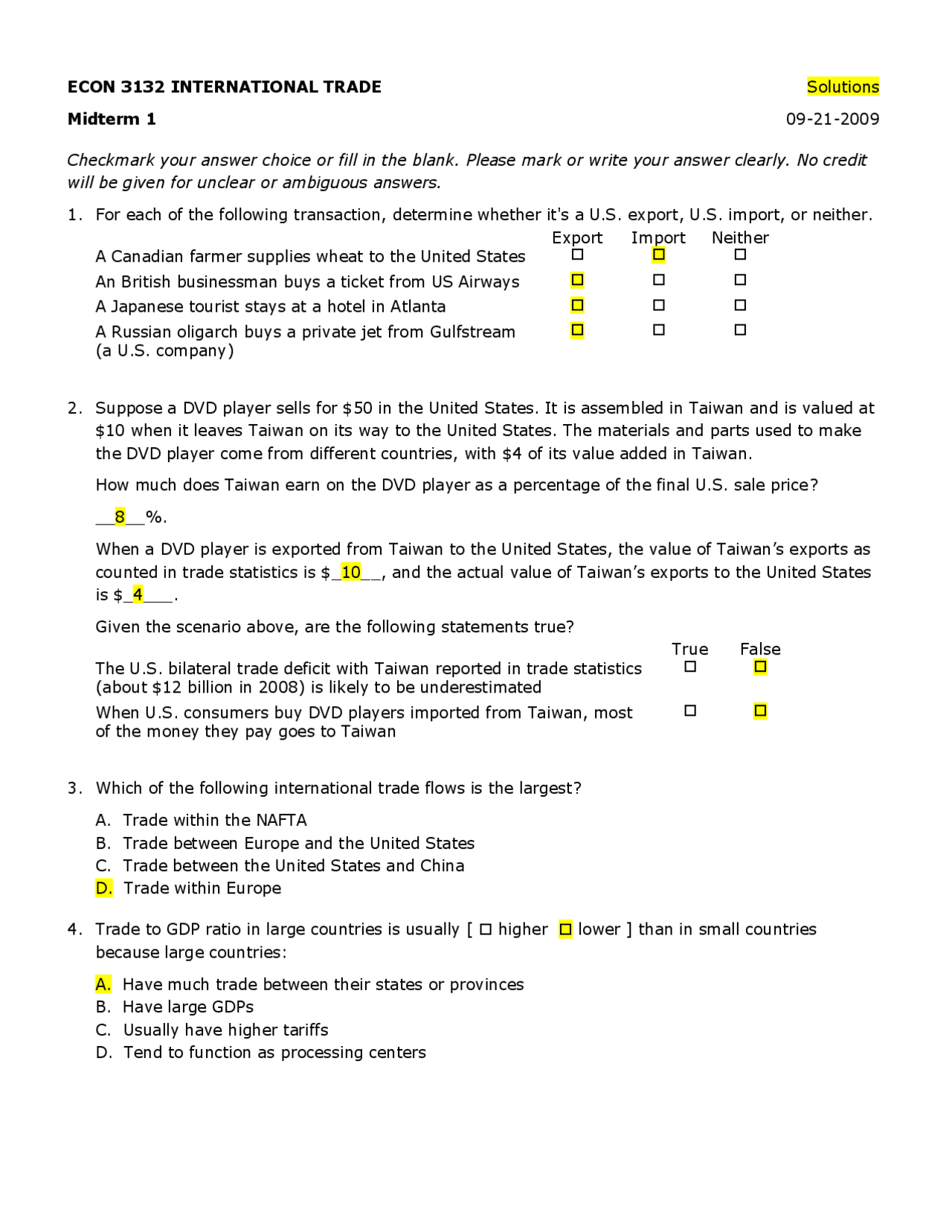 Midterm 1 Exam with Answer Key - International Trade | ECON 3132