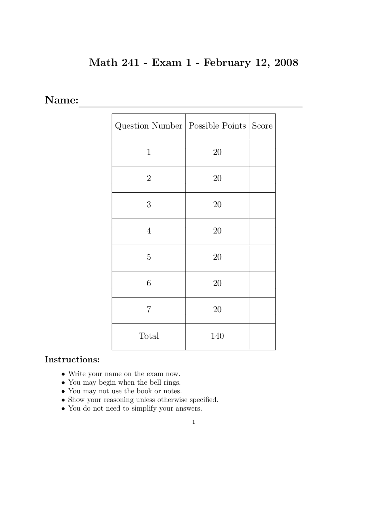 Sample Problems on Calculus III with Solutions - Old Exam 1 | MATH 241 ...