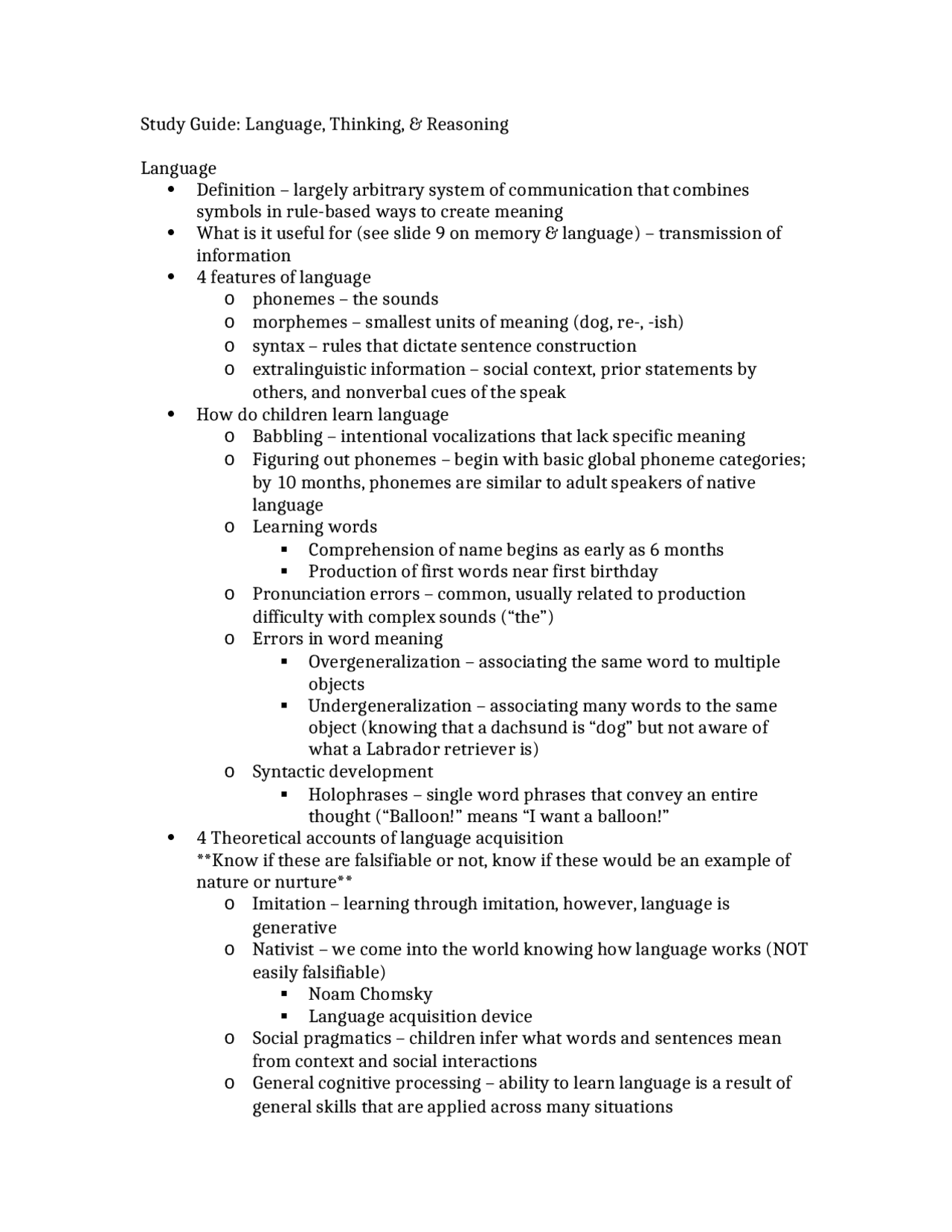 Language, Thinking and Reasoning - Study Notes | Psy 201 - Docsity