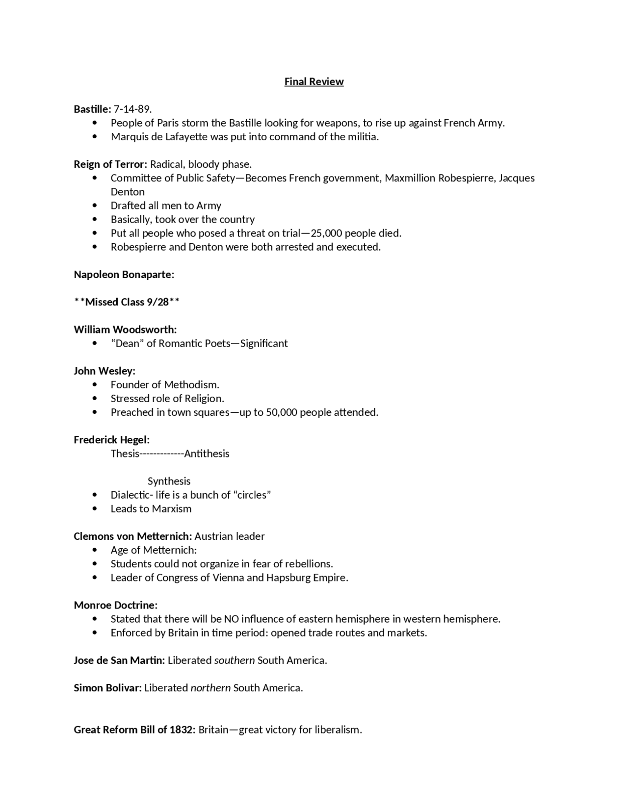 Final Review - Western Civilization | HY 102 - Docsity