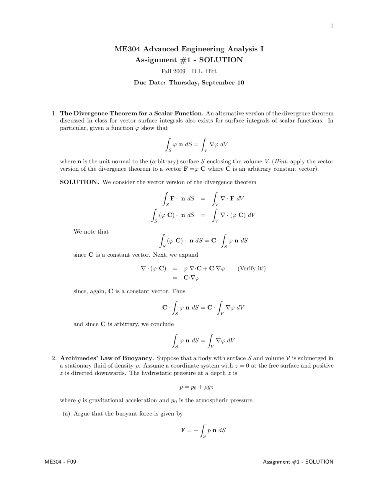 Advanced Engineering Work Example Advance Engineering Analysis I - Assignment 1 Solutions | ME 304 - Docsity