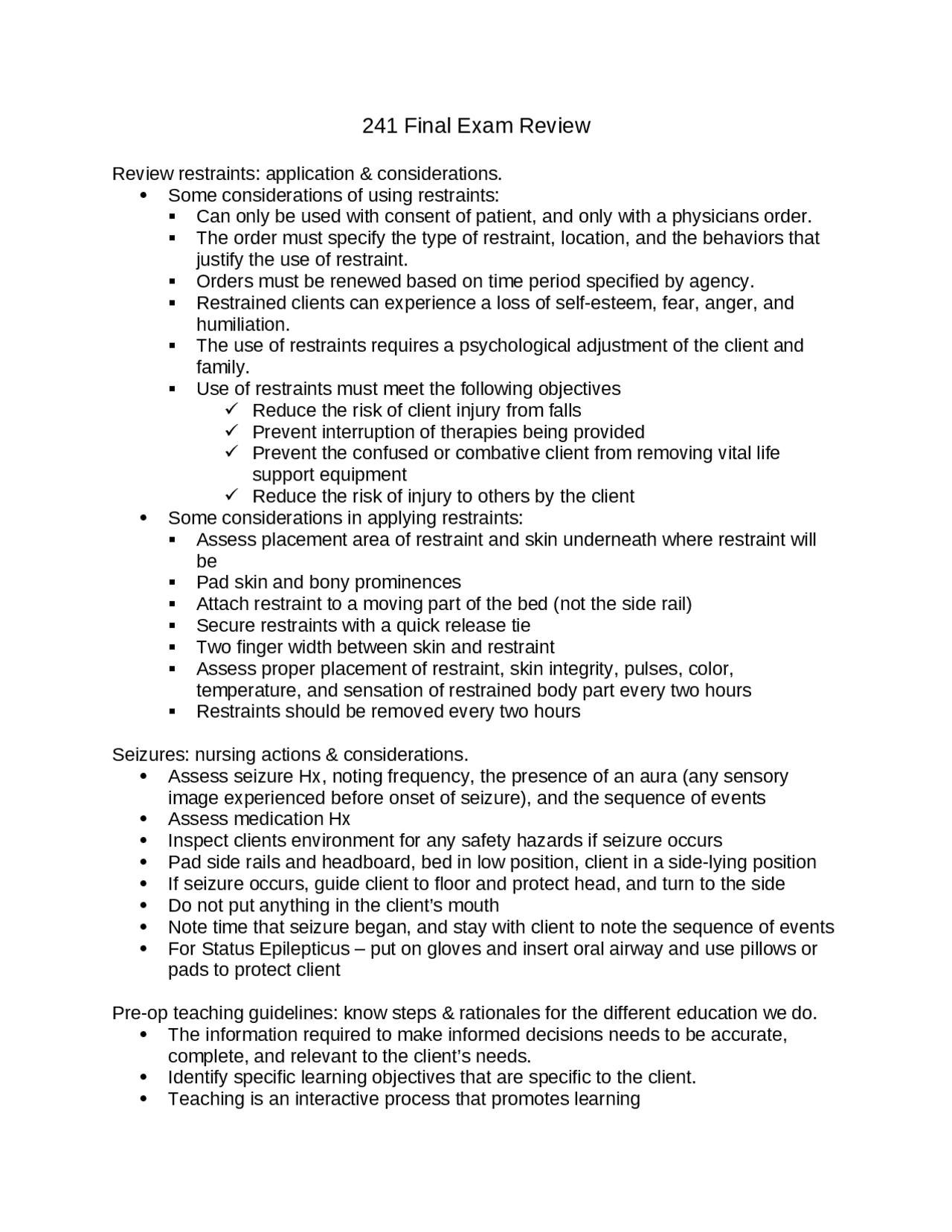 Final Exam Review Study Guide - Technical Skills Lab | NURS 241 - Docsity