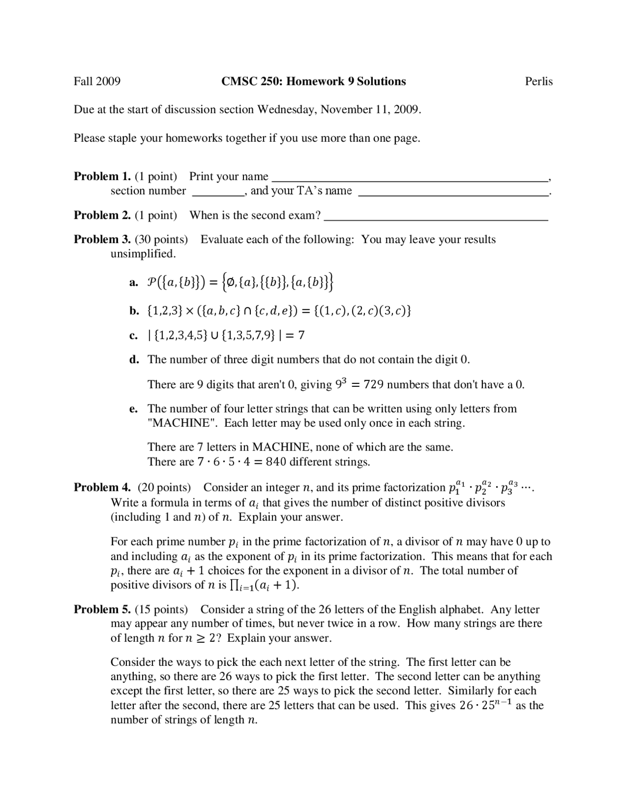 Assignment 9 - Discrete Structures | CMSC 250 - Docsity