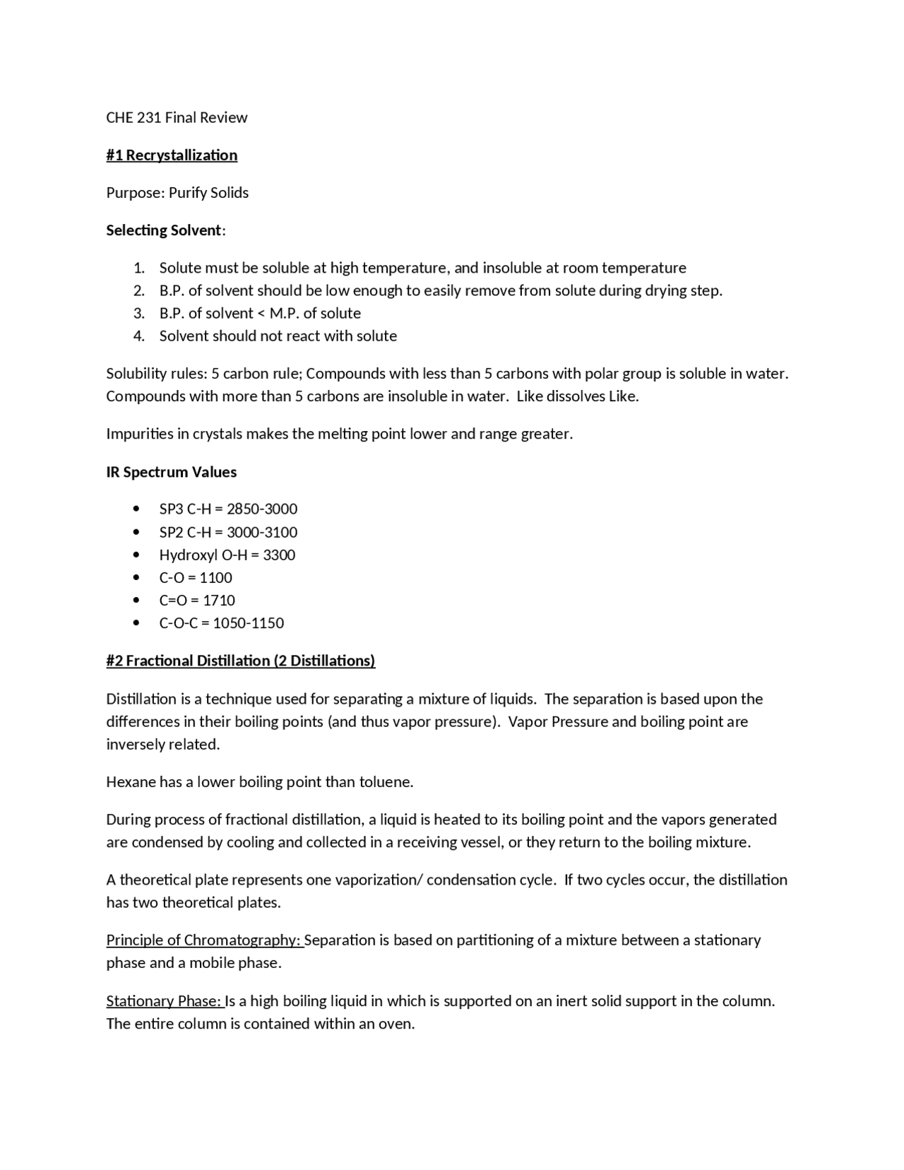 Final Review Notes for Organic Chemistry Laboratory I | CHE 231 - Docsity