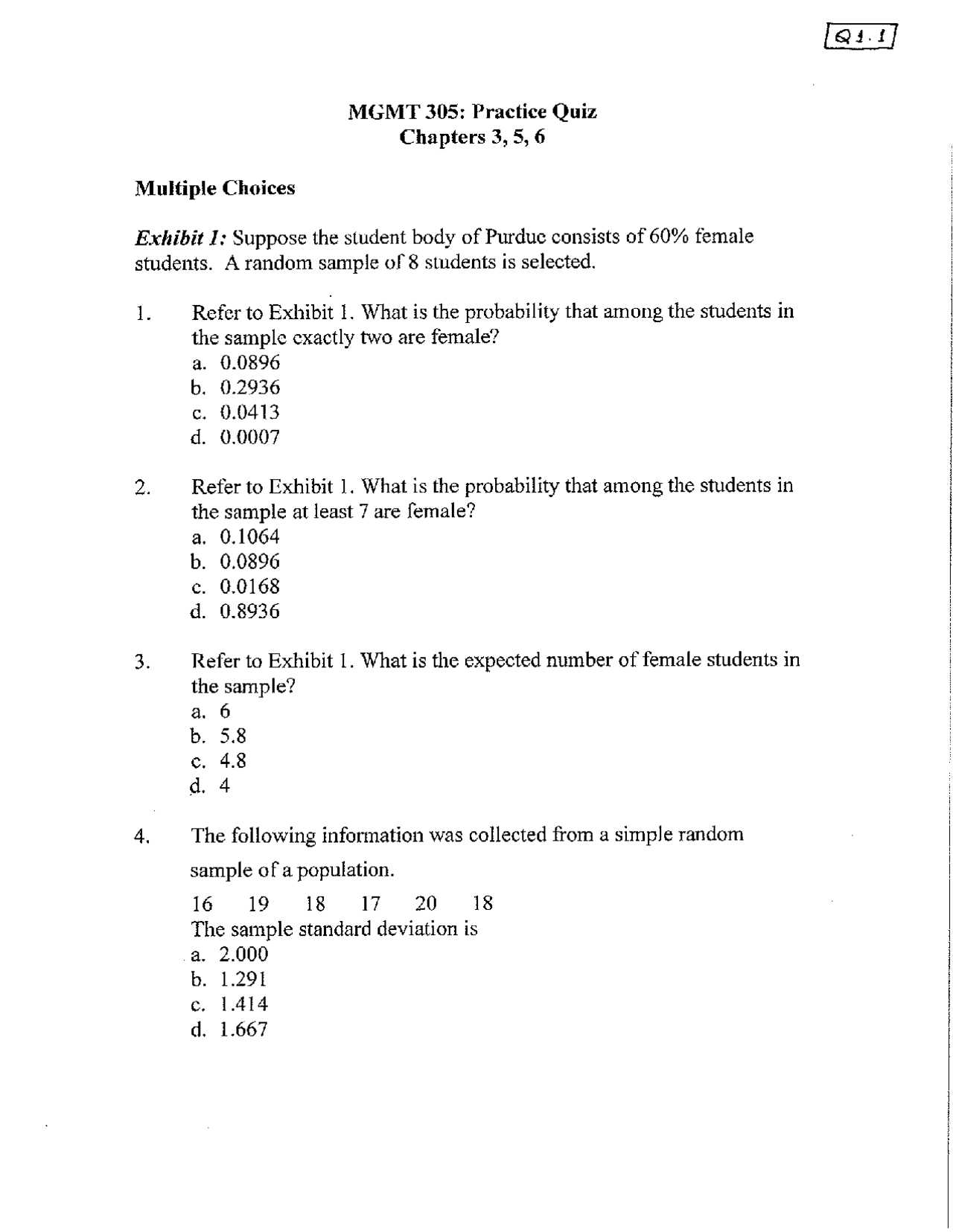 6 Solved MCQs on Random Samples of Students - Quiz 1 | MGMT 30500 - Docsity