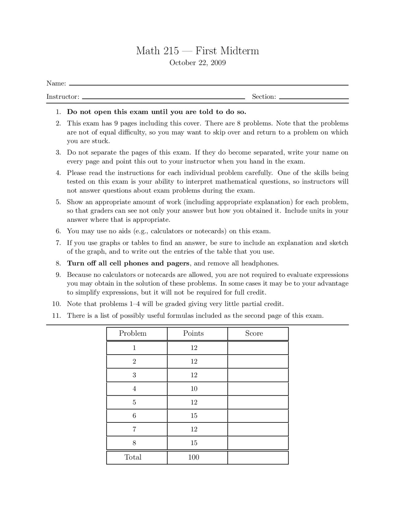 Midterm Exam 1 - Calculus III - Fall 2009 | MATH 215 - Docsity