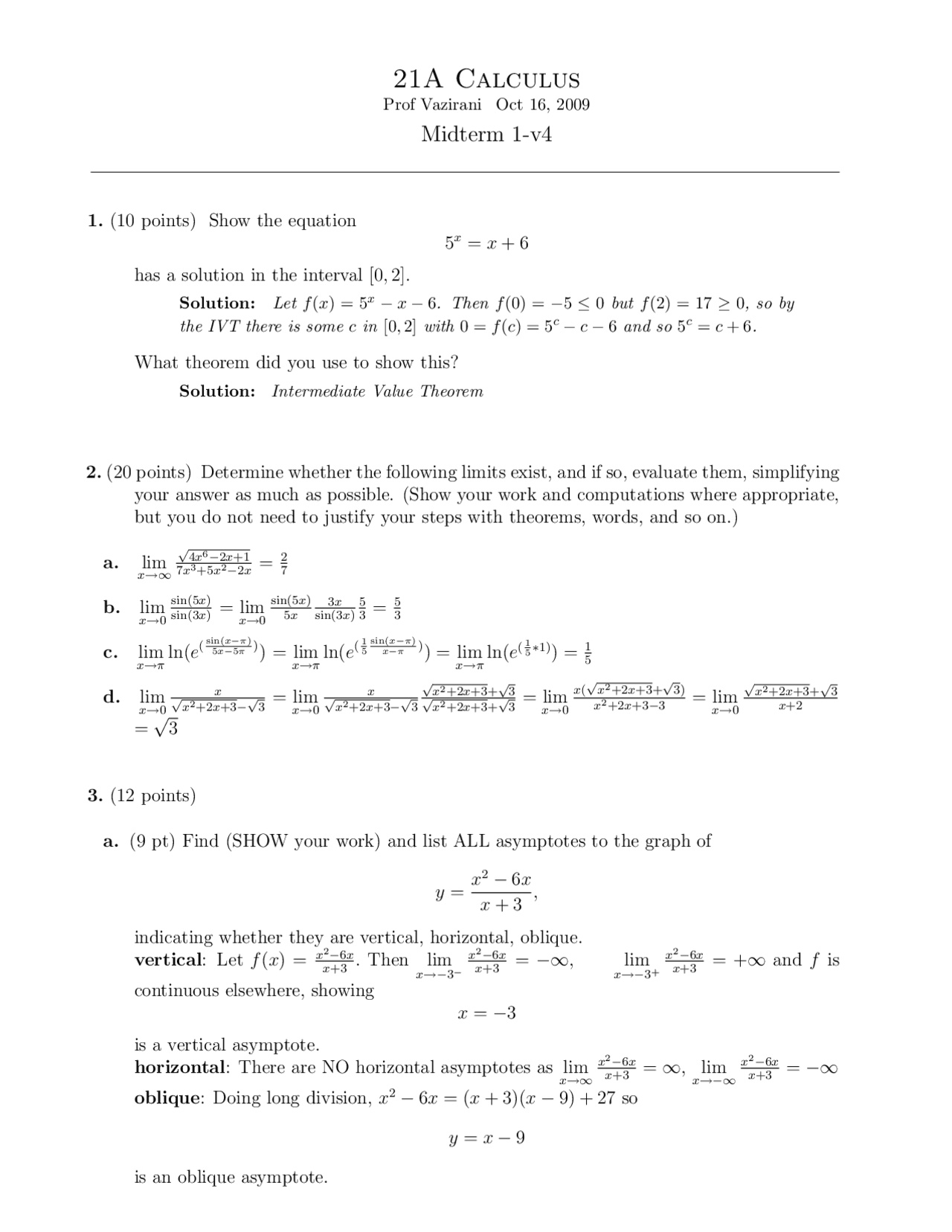 Calculus - Midterm Exam 1 Solutions | MAT 021A - Docsity