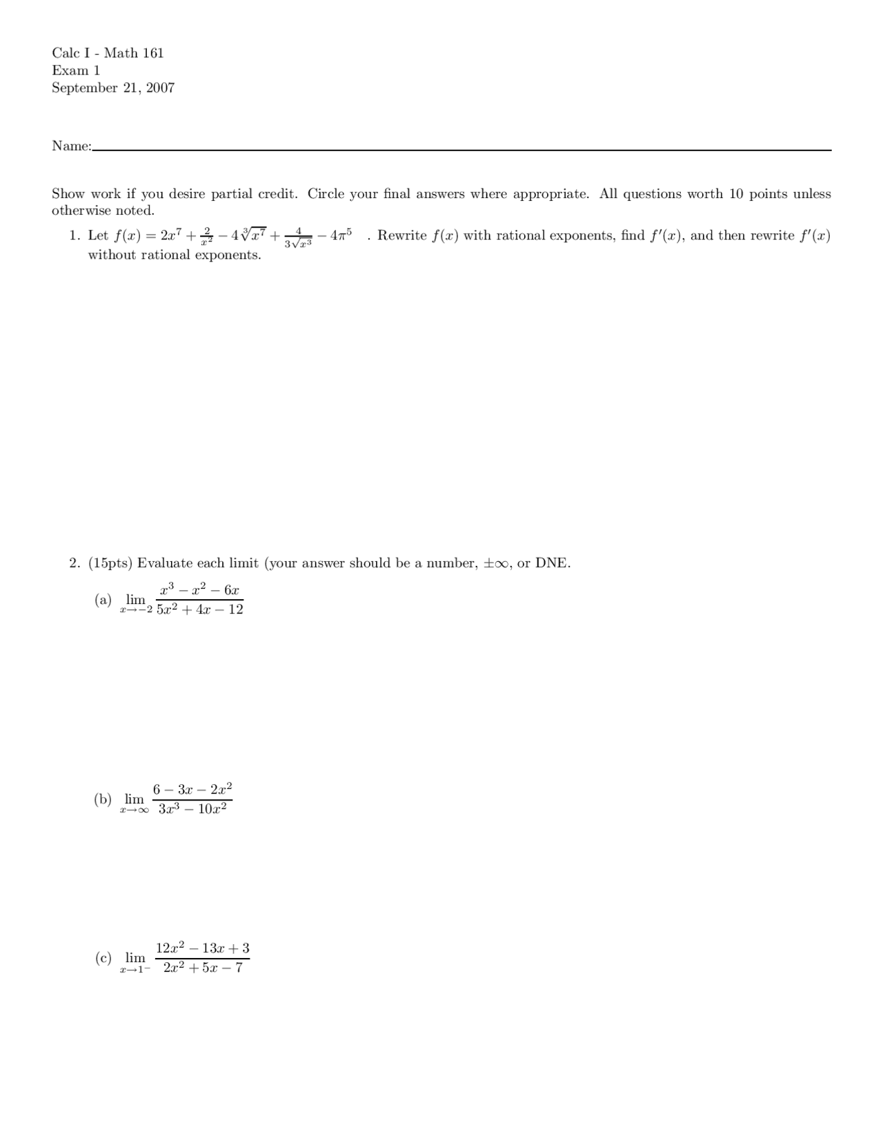 Cal One Questions 9 Questions on Calculus 1 - Old Exam 1 | MATH 161 - Docsity