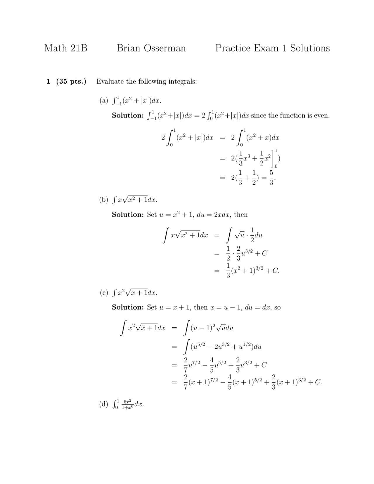 Calculus - Practice Exam 1 Solutions | MAT 021B - Docsity