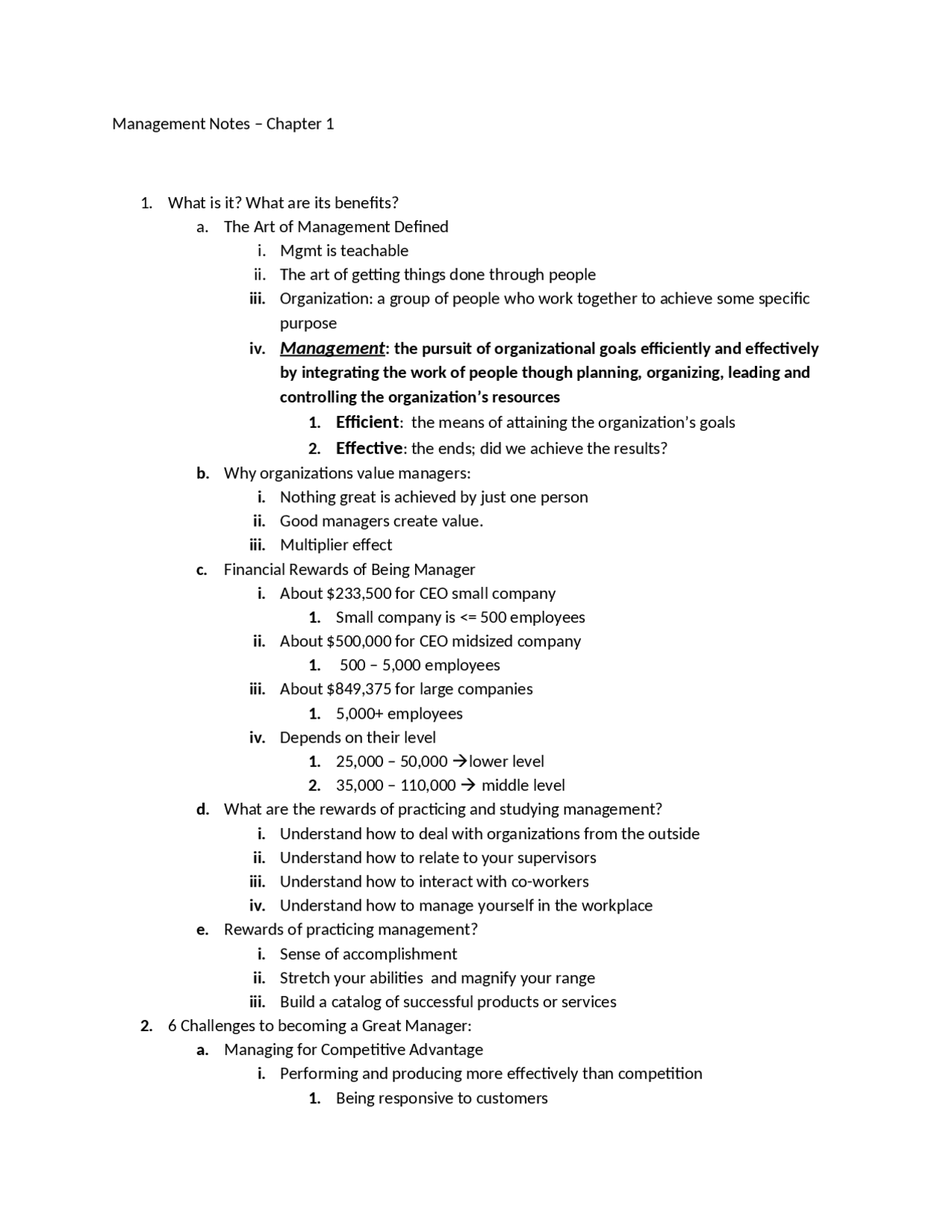 Notes for Management Midterm Exam - Chapter 1 | MGT 3304 - Docsity
