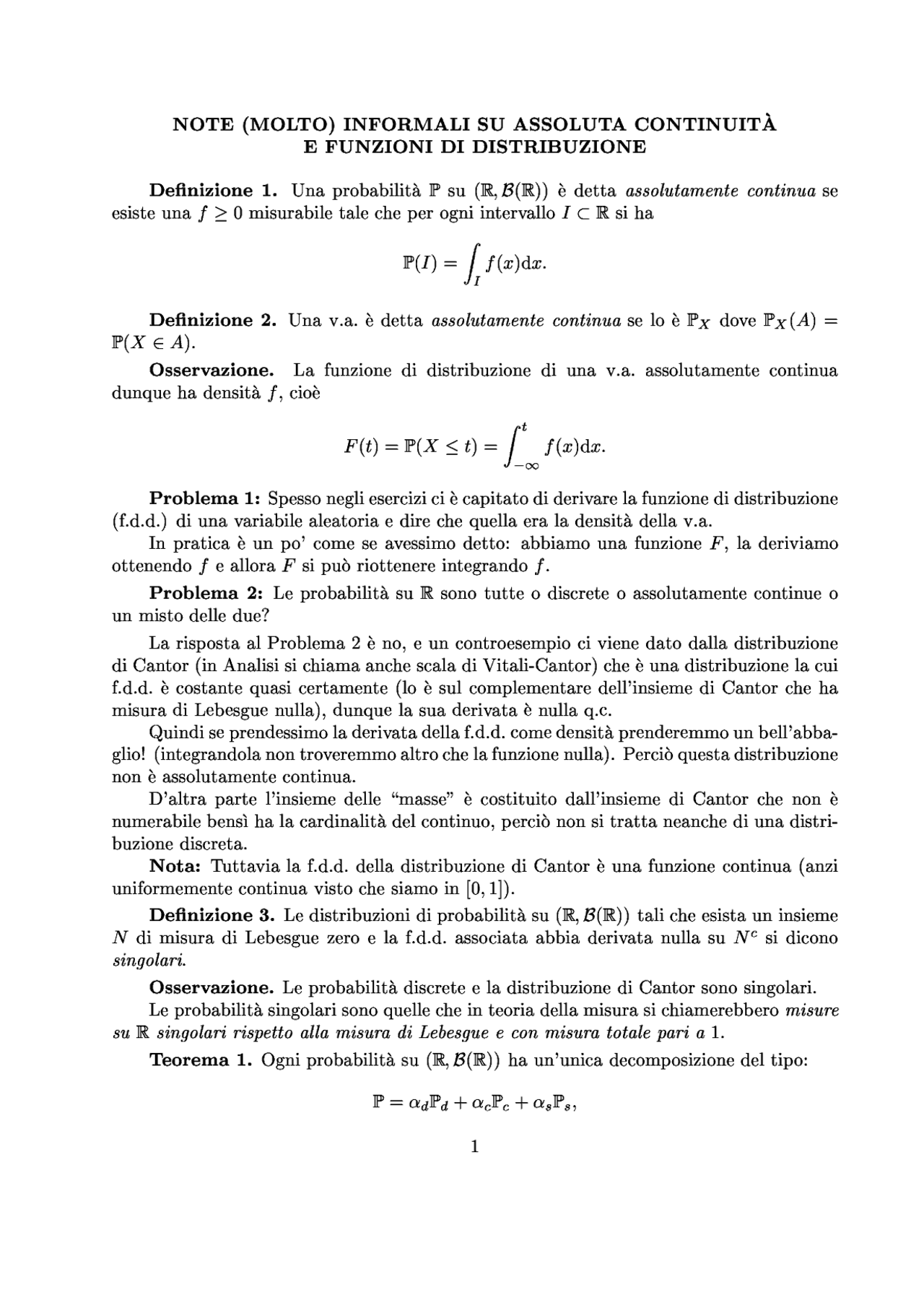 Appunti di Teoria della probabilità Assoluta continuità e funzioni