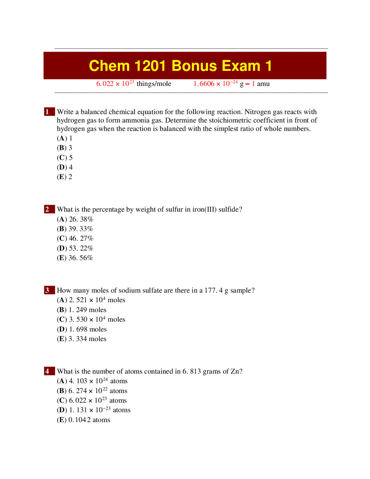 General Chemistry I Quiz 38 Multiple Choice Questions Chem 1201 Docsity