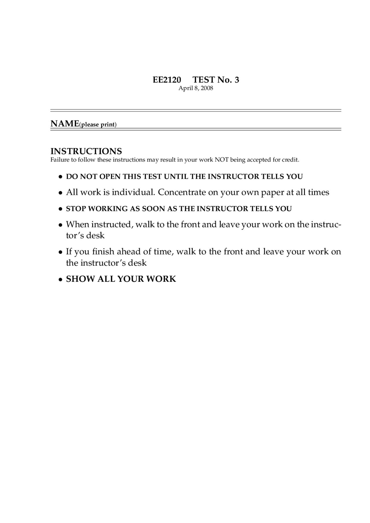 Test 3 with 4 Questions for Circuits I | EE 2120 - Docsity