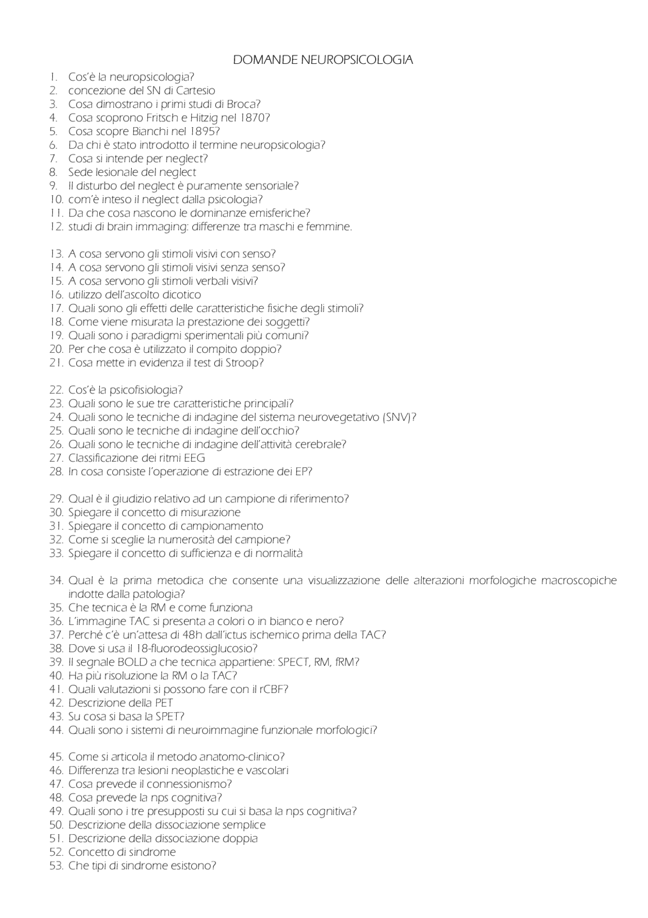 Neuropsicologia - Domande d'esame con risposte - Parte 2 - Docsity