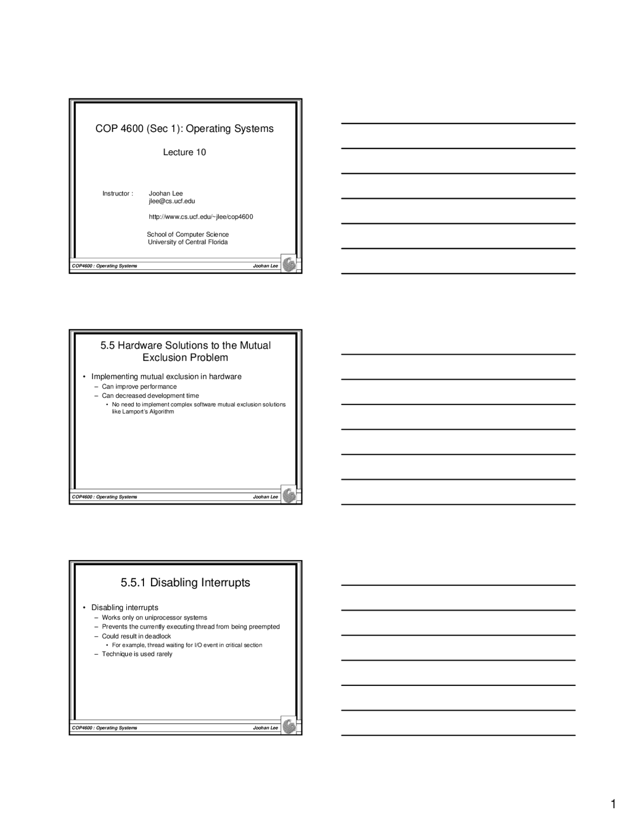 Hardware Solution To Mutual Exclusion Problem Slides COP 4600