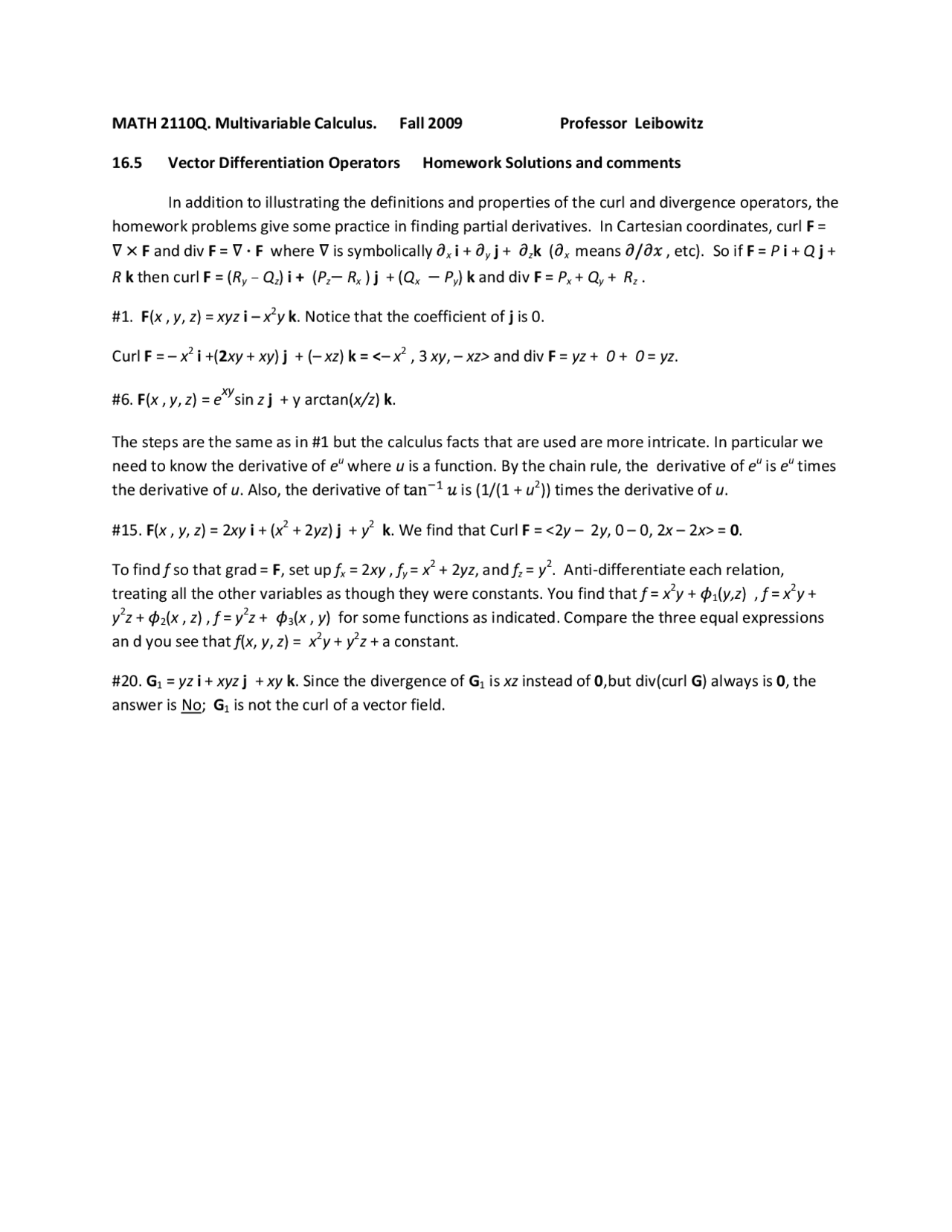 Vector Differentiation Operator Homework With Solutions Math 2110 Docsity