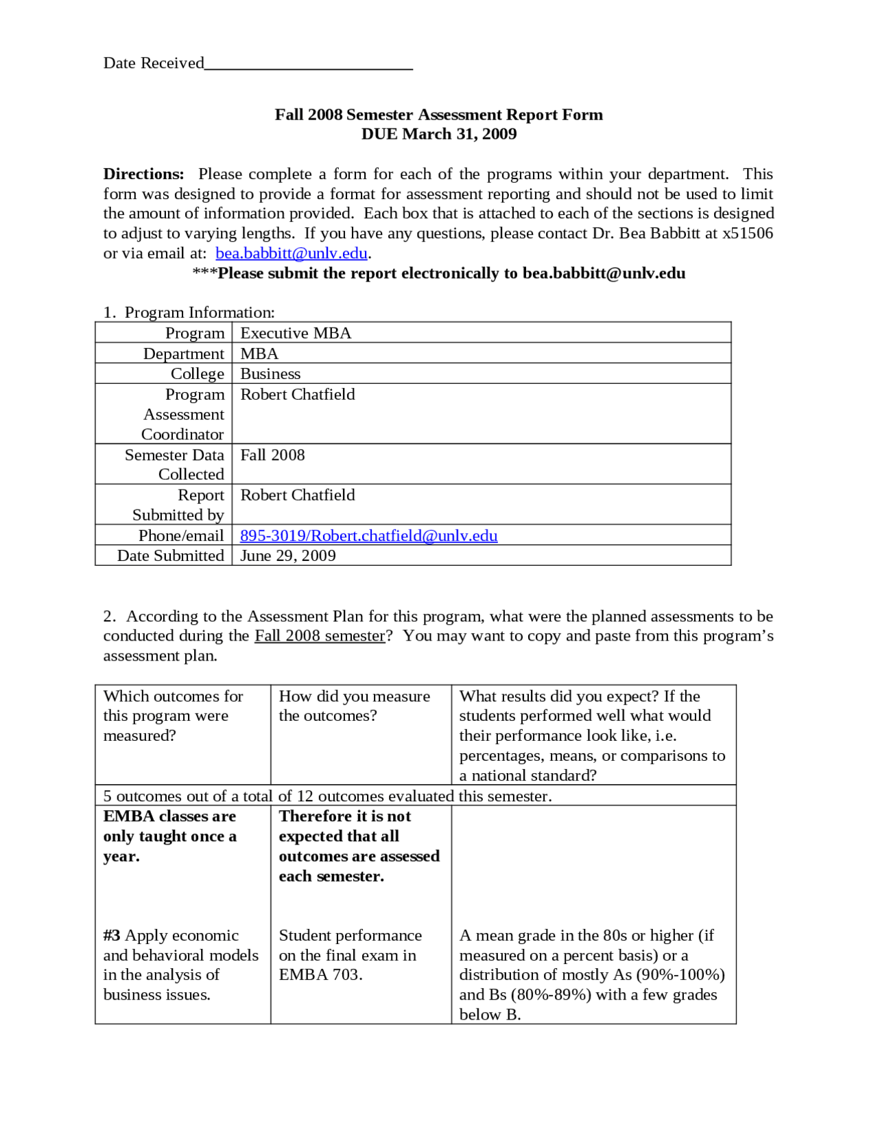 Semester Assessment Report Form - International Business - Fall 2008 ...