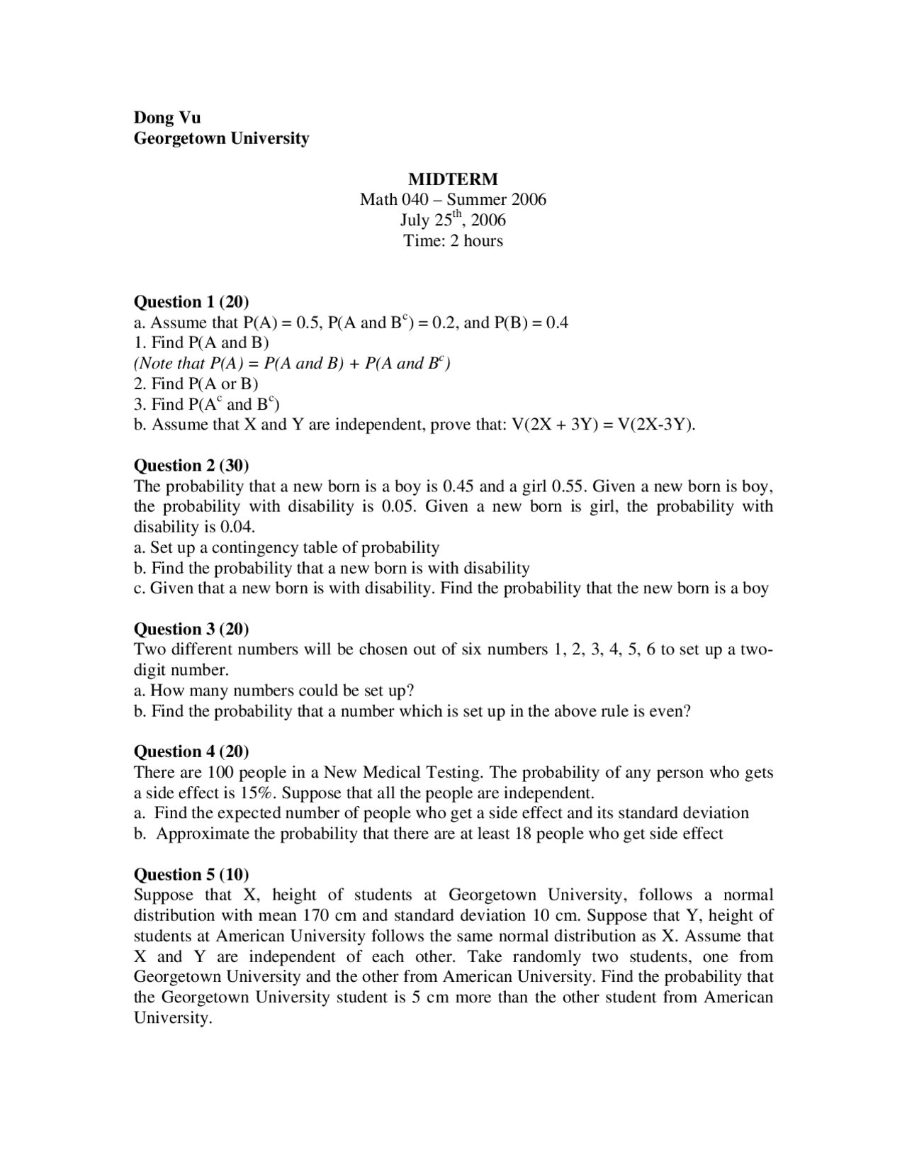 5 Questions On Probability And Statistics Midterm Examination Math 040 Docsity