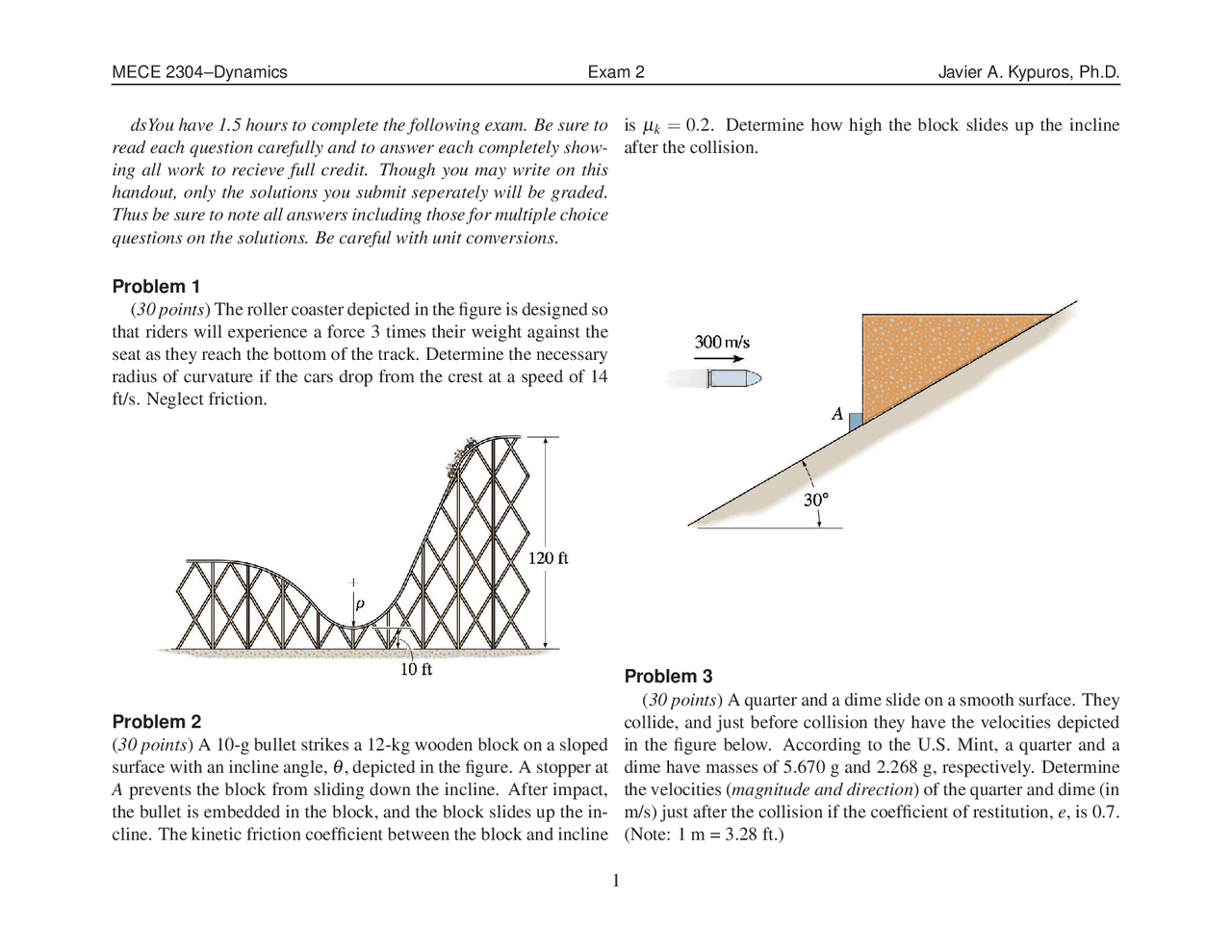 5 Problems on Dynamics, Formulas of Dynamics - Exam | MECE 2304 | Exams ...