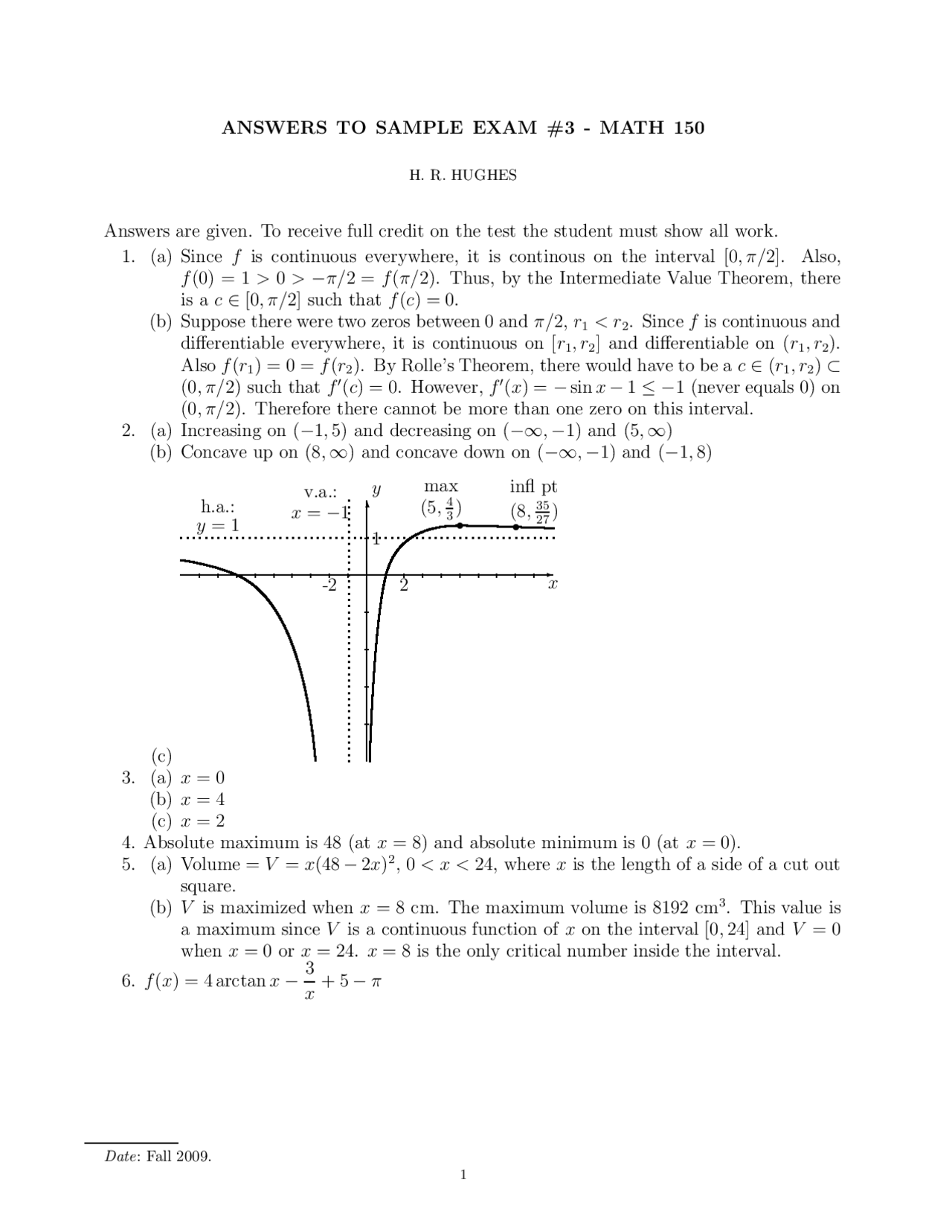 Sample Exam #3 with Answers - Calculus I | MATH 150 - Docsity