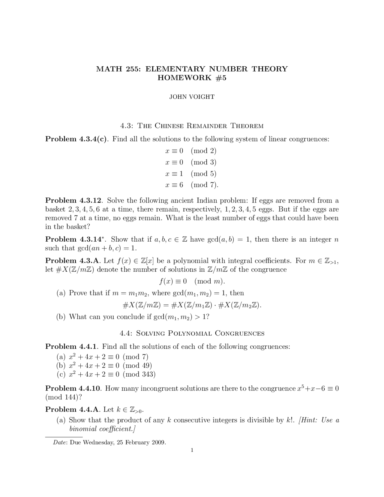8 Problems for Elementary Number Theory - Assignment 5 | MATH 255 - Docsity