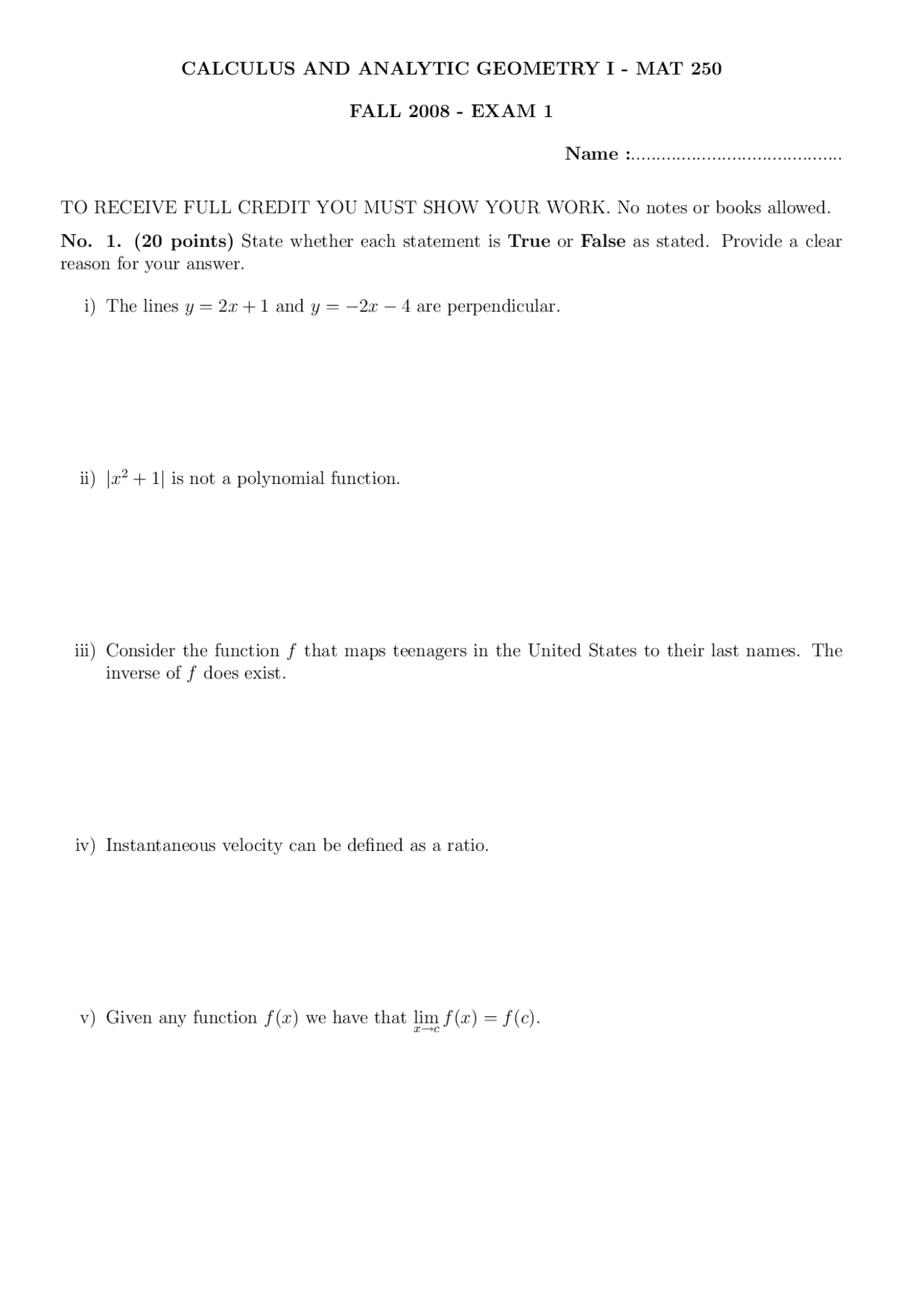 5 Problems on Calculus and Analytical Geometry - Exam 1 | MAT 250 - Docsity
