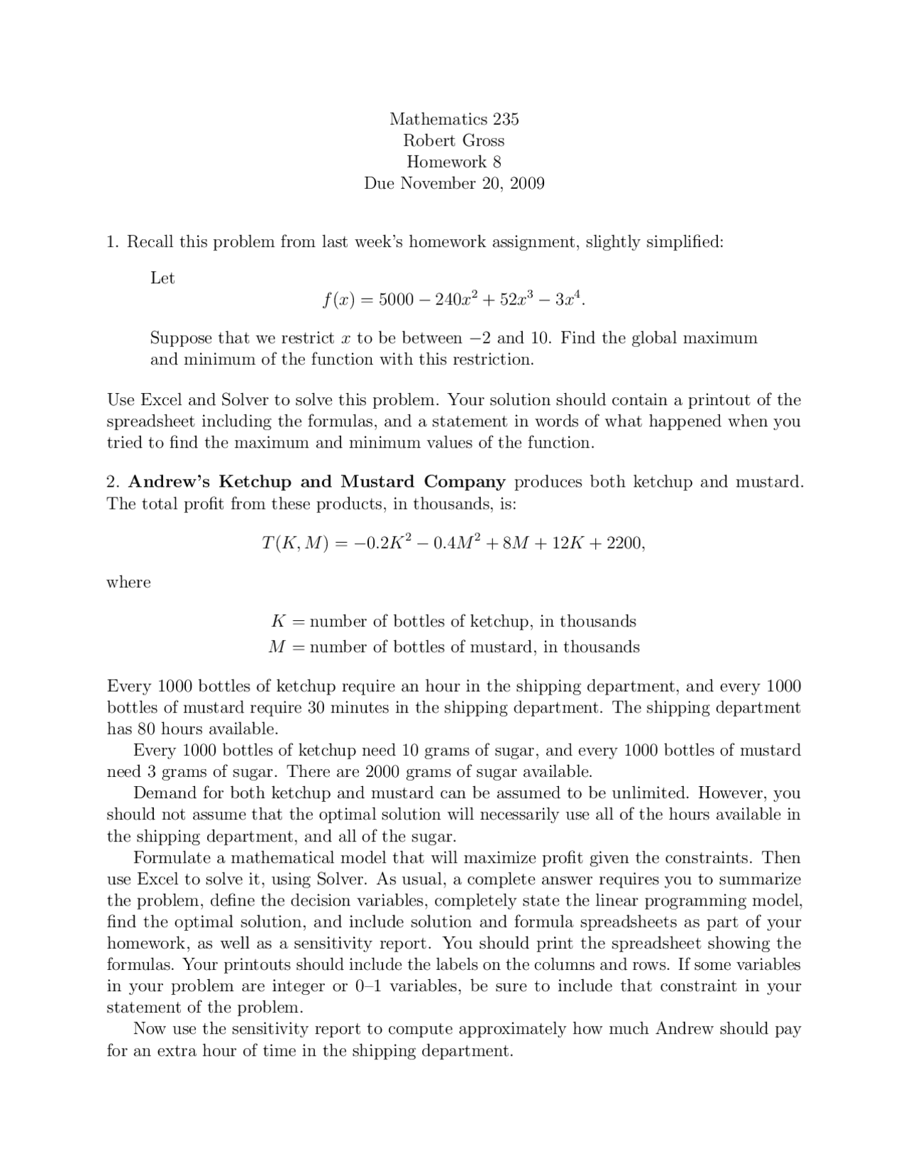 Management Science Math Practice Homework 8 - Mathematics for Management Science | MT 235 - Docsity