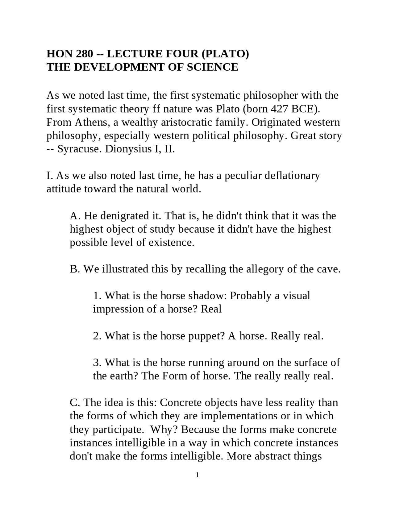 Plato Class Distribution Ugc Notes.pdf Lecture Notes for Plato | The Development of Science | HON 280 - Docsity