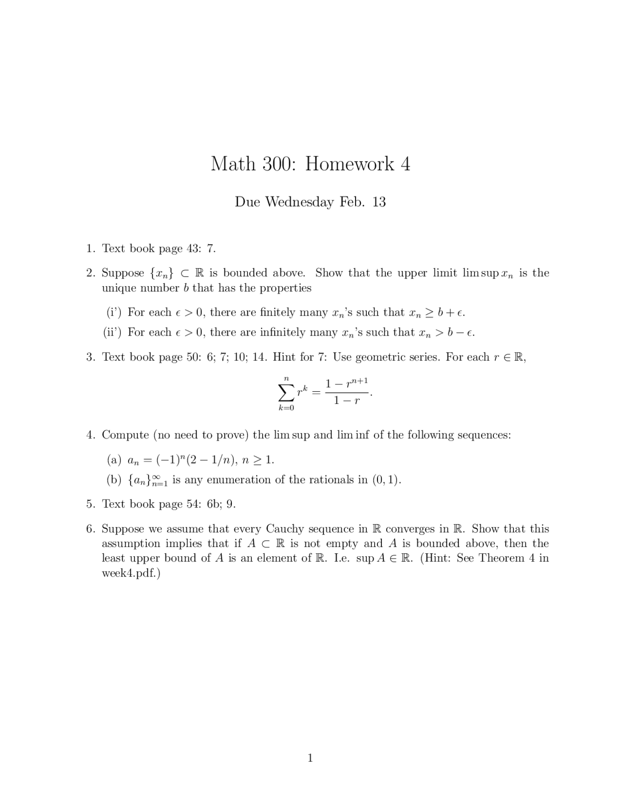 Homework 4 Questions - Topics in Analysis | MATH 300 - Docsity