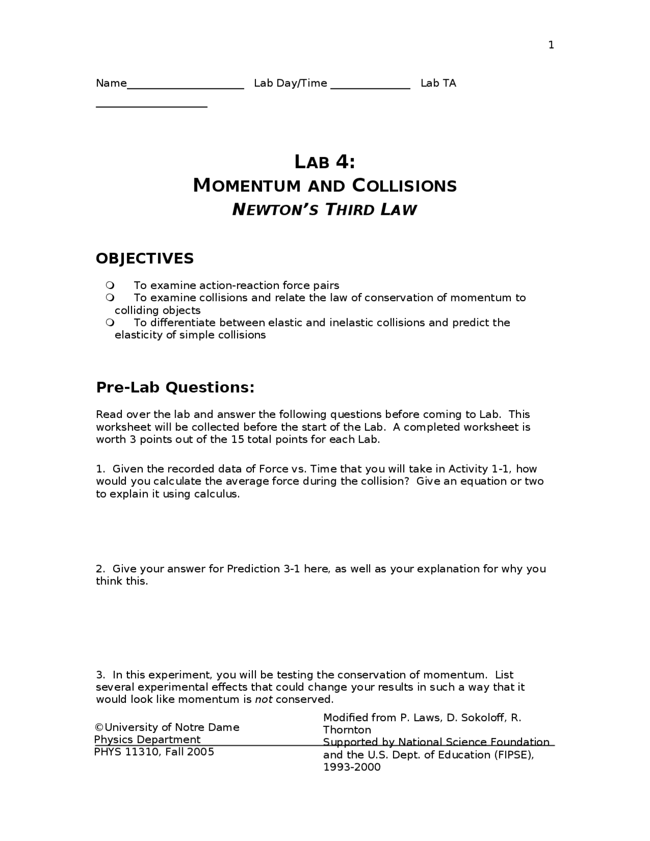 Lab 23: Momentum and Collisions Newton