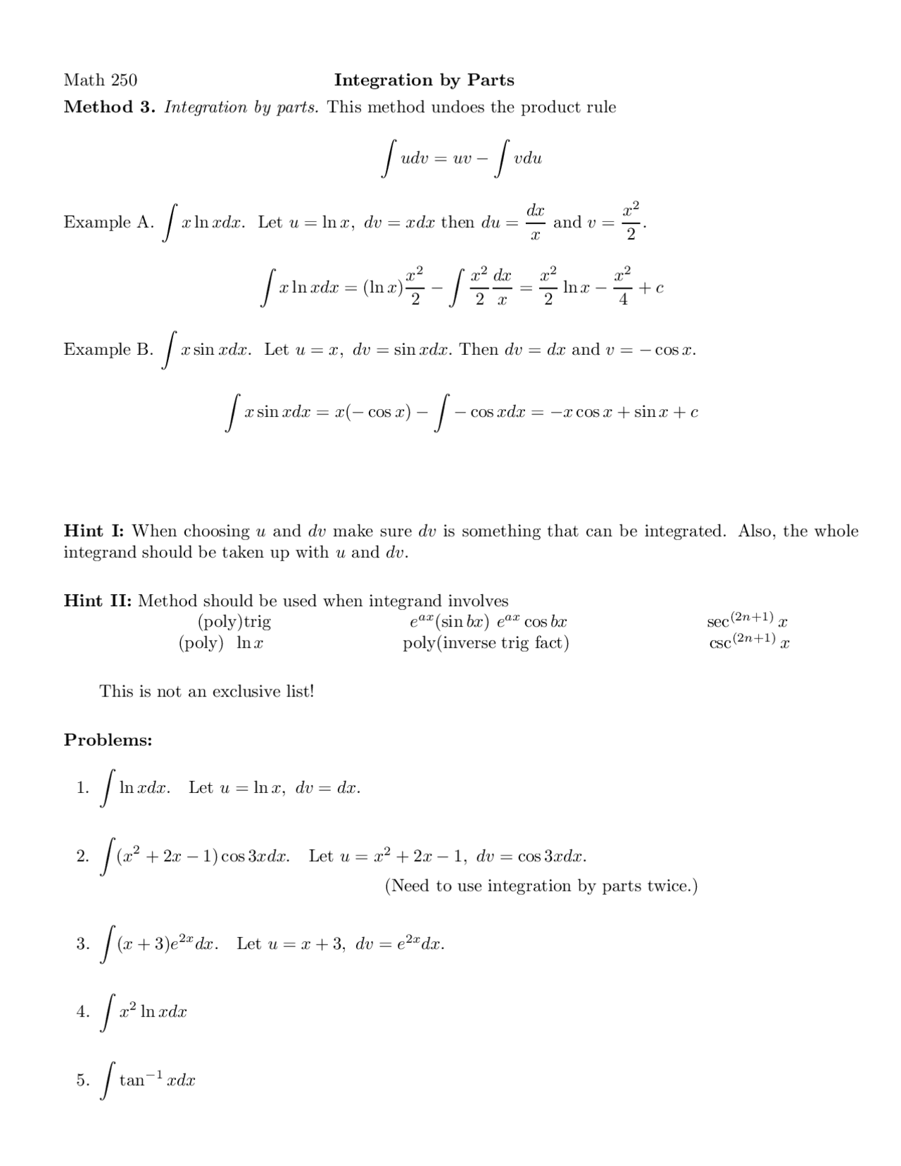 Integration by Parts - Calculus II - Review Sheet | MATH 250 - Docsity
