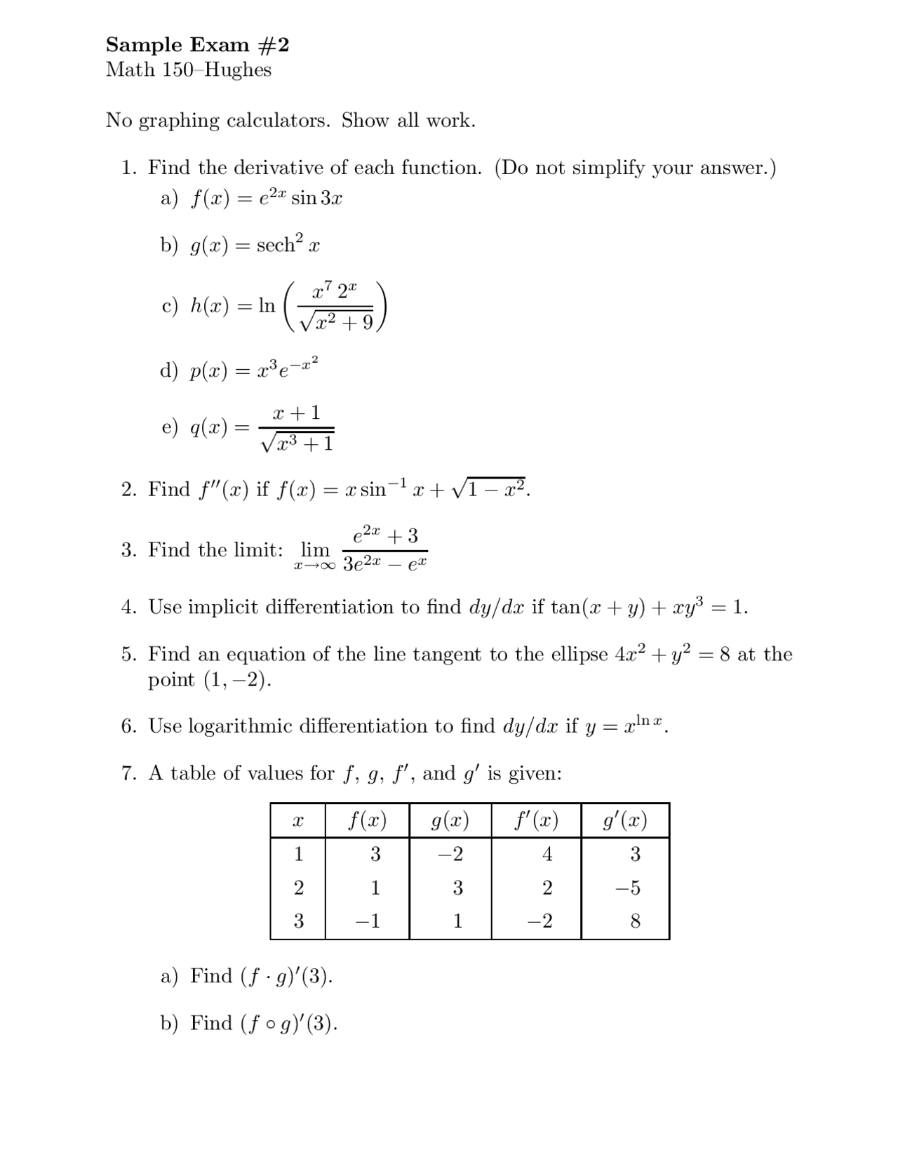 Sample Exam 2 With 9 Questions Calculus I Math 150 Docsity Sample Exam 2 With 9 Questions Calculus I Math 150 Docsity
