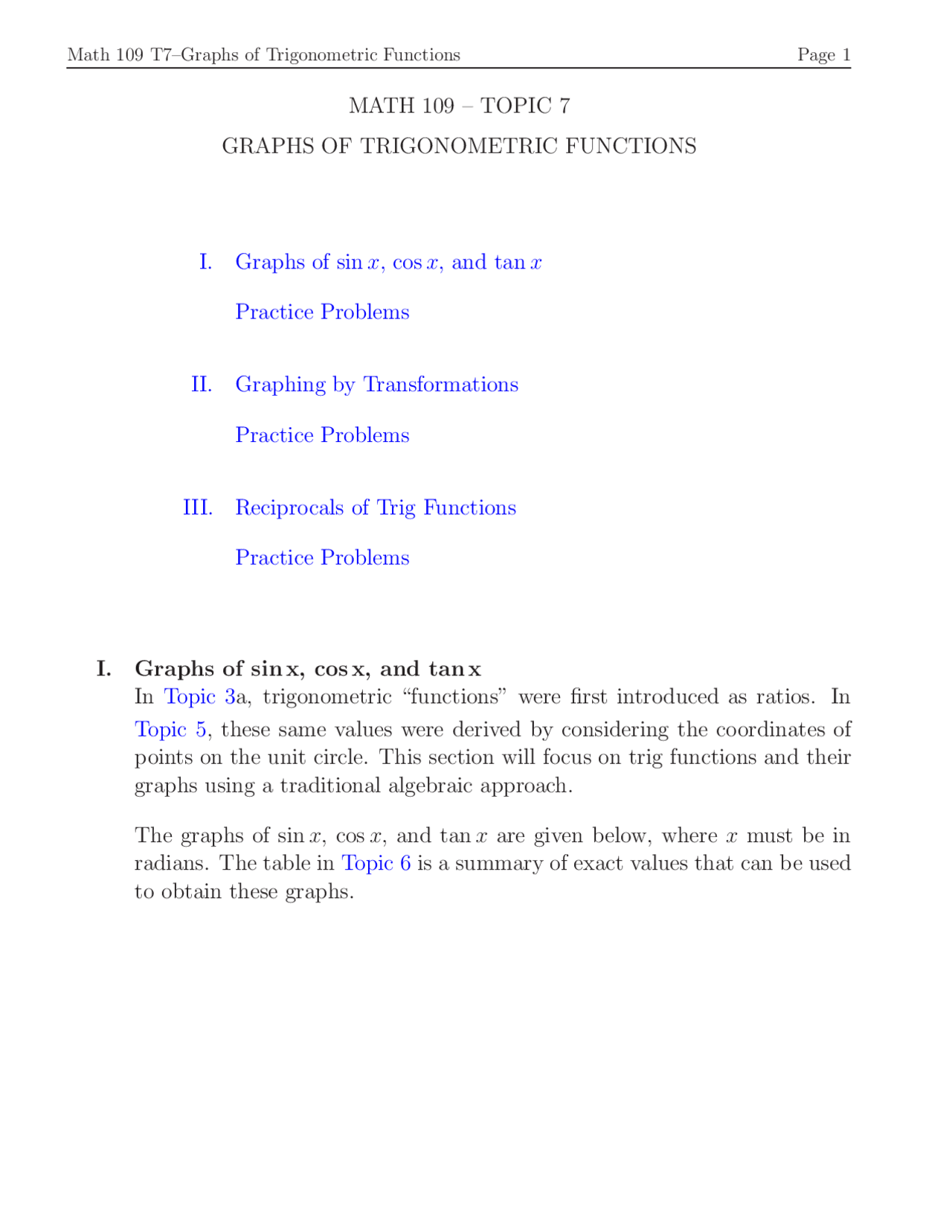 Graphics of the Geometric Functions - Review Sheet | MATH 109 - Docsity