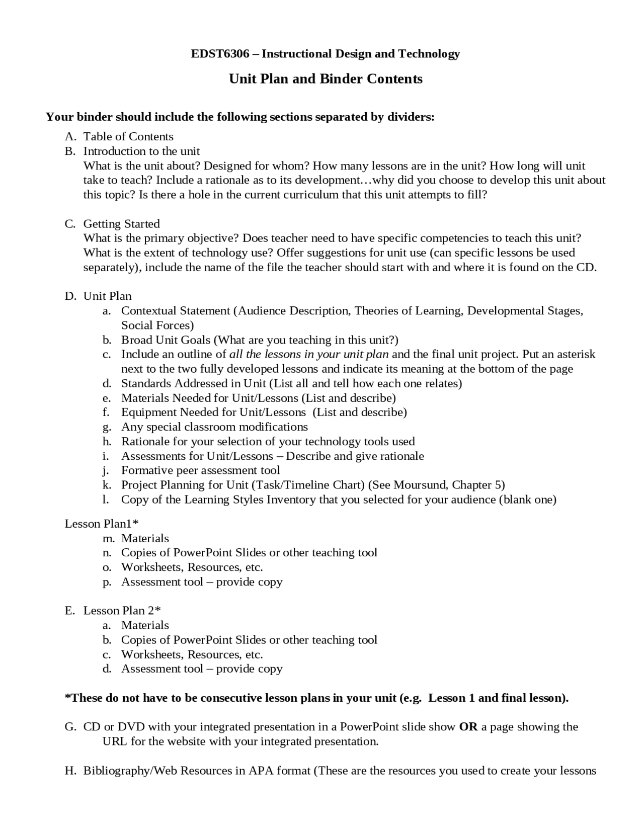 Unit Plan and Binder Contents - Course Outline | EDST 6306 - Docsity