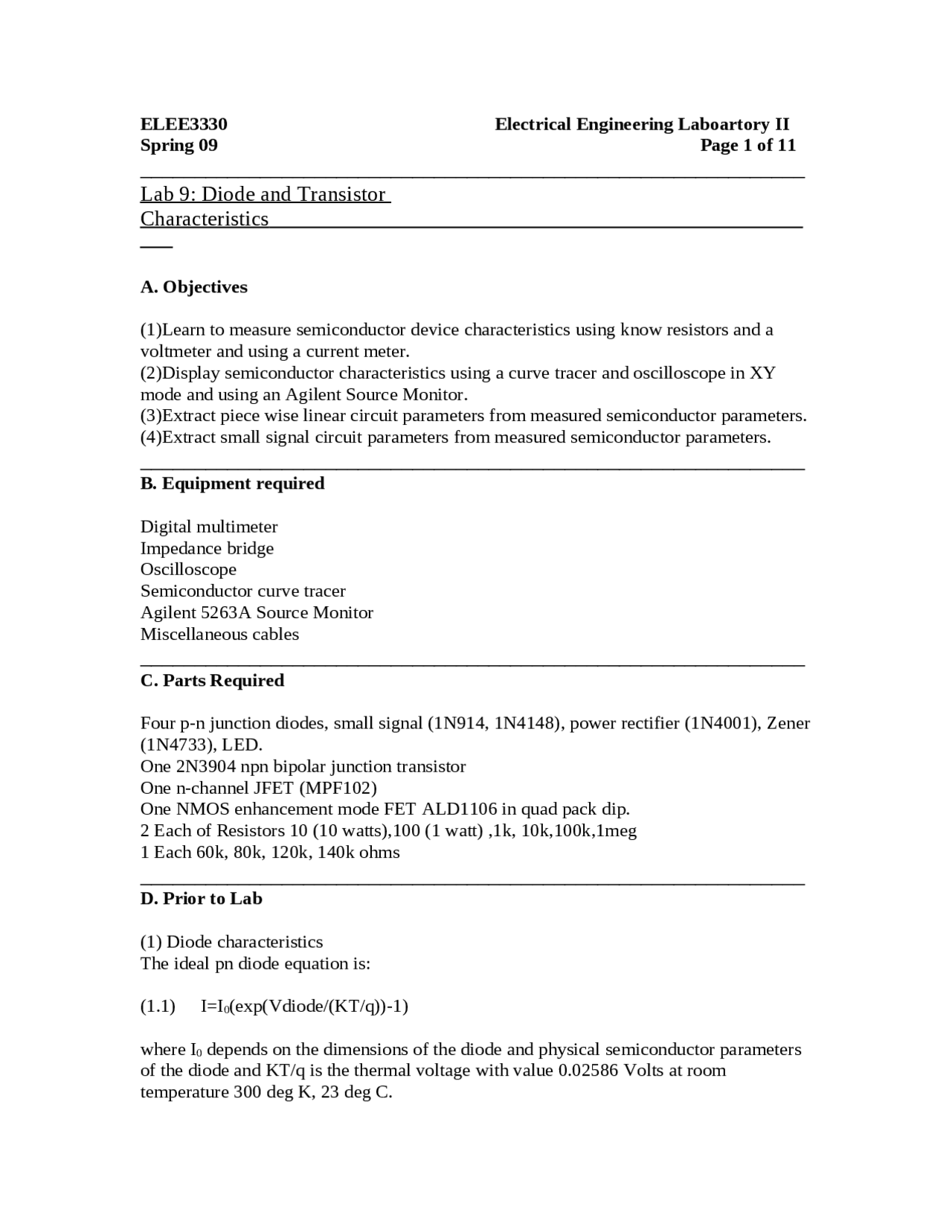 Lab 9 Diode and Transistor Characteristics ELEE 3330 Docsity