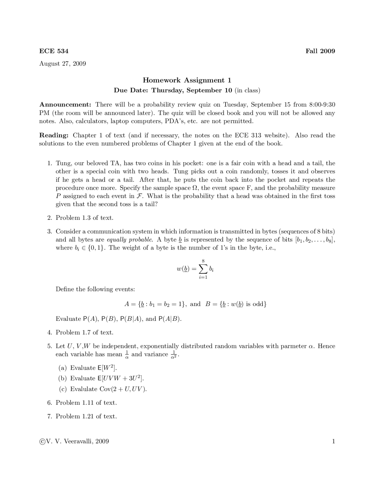 Random Homework Problems 10 Problems on the Random Processes - Homework 1 | ECE 534 - Docsity