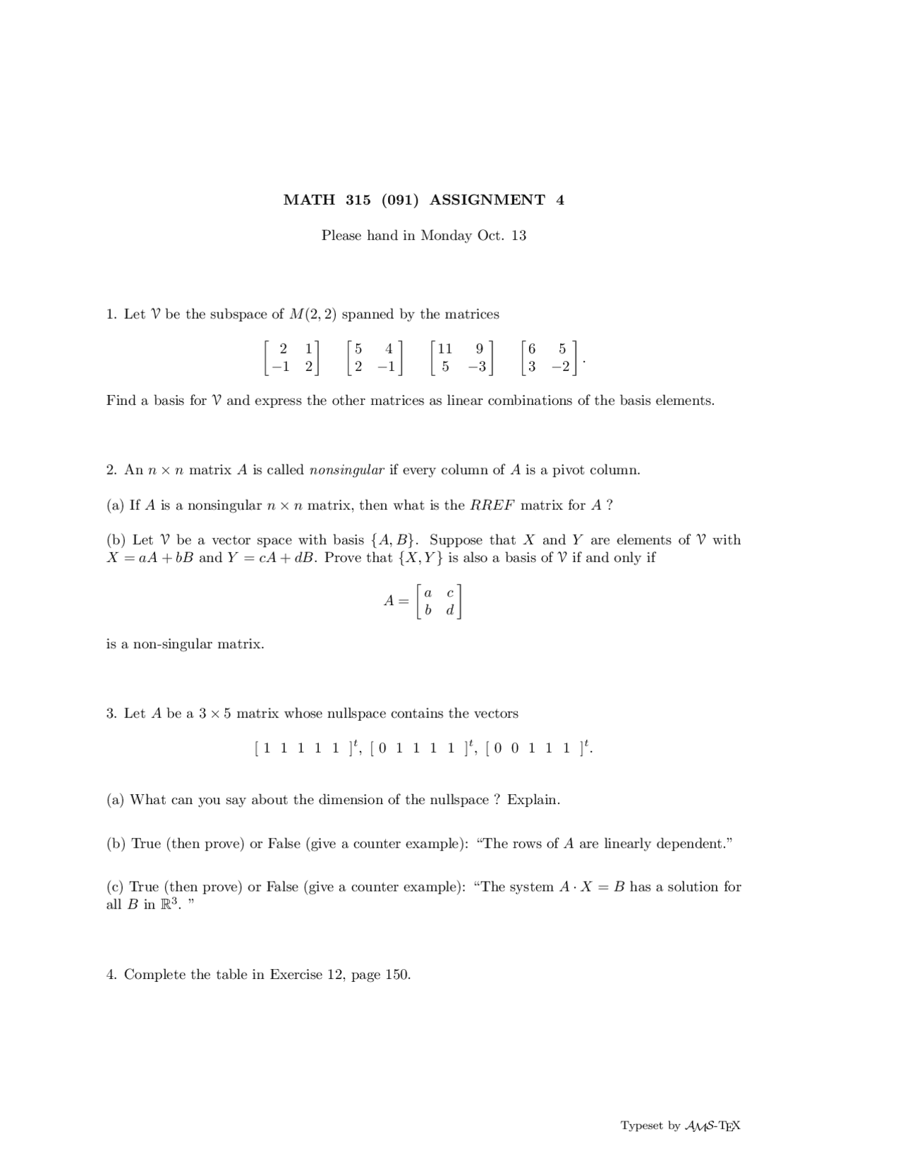 4 Unsolved Problems on Introduction to Linear Algebra | MATH 315 - Docsity